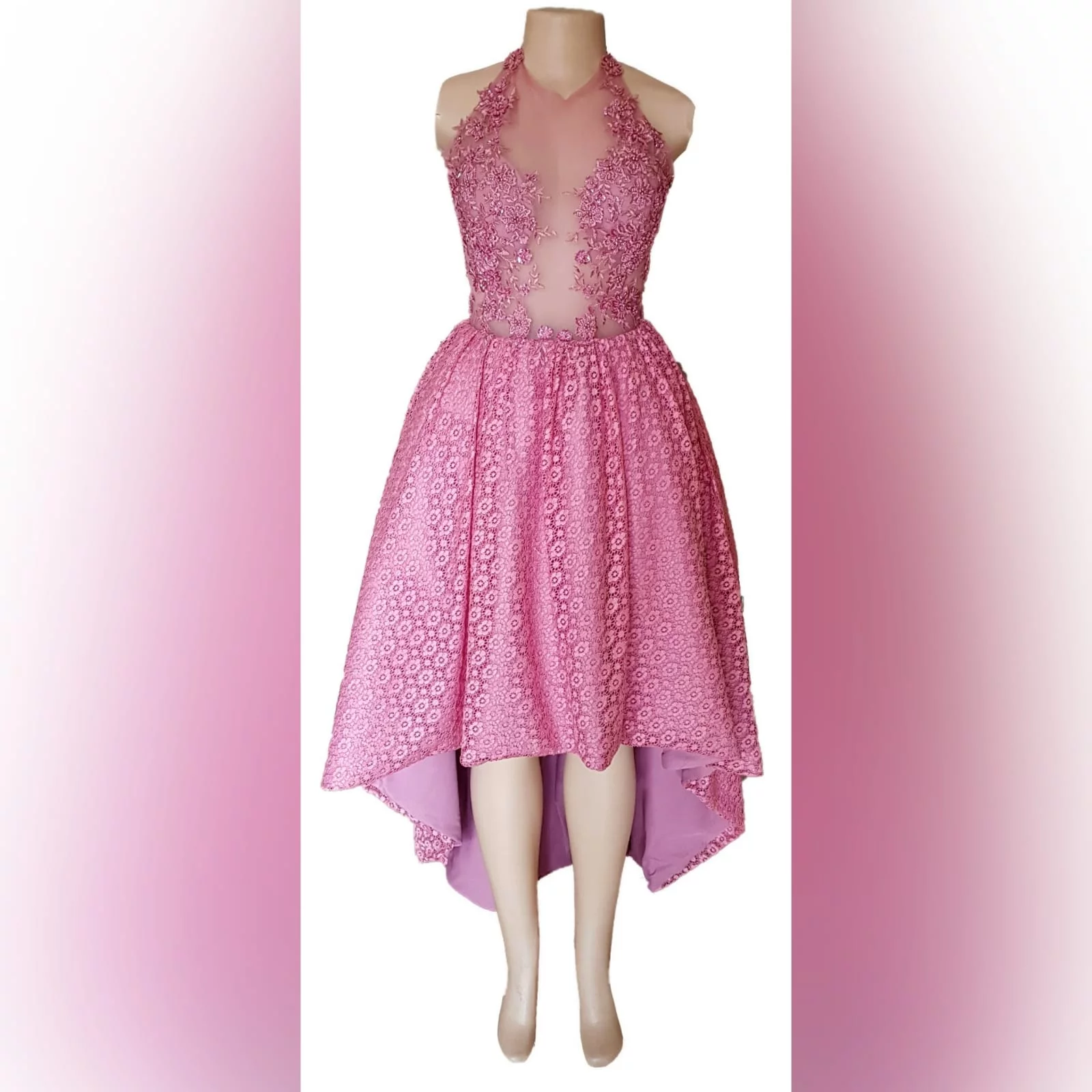 High low dusty pink matric farewell dress 4 high low dusty pink prom dress with an illusion bodice detailed with beaded lace. Bottom fully laced.