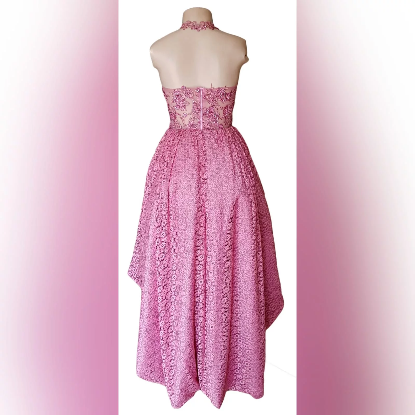 High low dusty pink matric farewell dress 8 high low dusty pink prom dress with an illusion bodice detailed with beaded lace. Bottom fully laced.