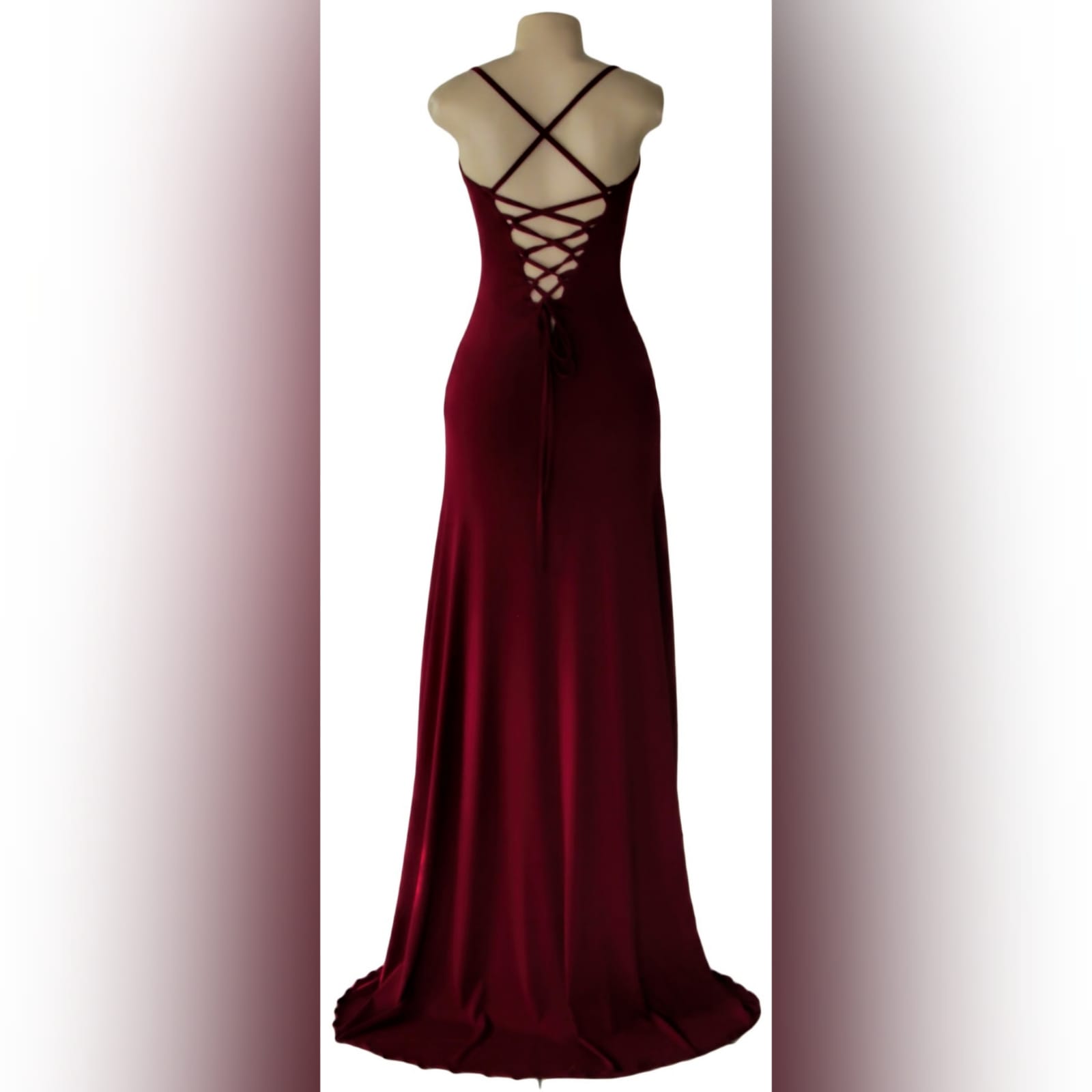 Maroon lace-up back long simple prom dress 3 maroon lace-up back long simple prom dress with thin shoulder straps, high slit and a small train. Lace-up back to adjust the fit.
