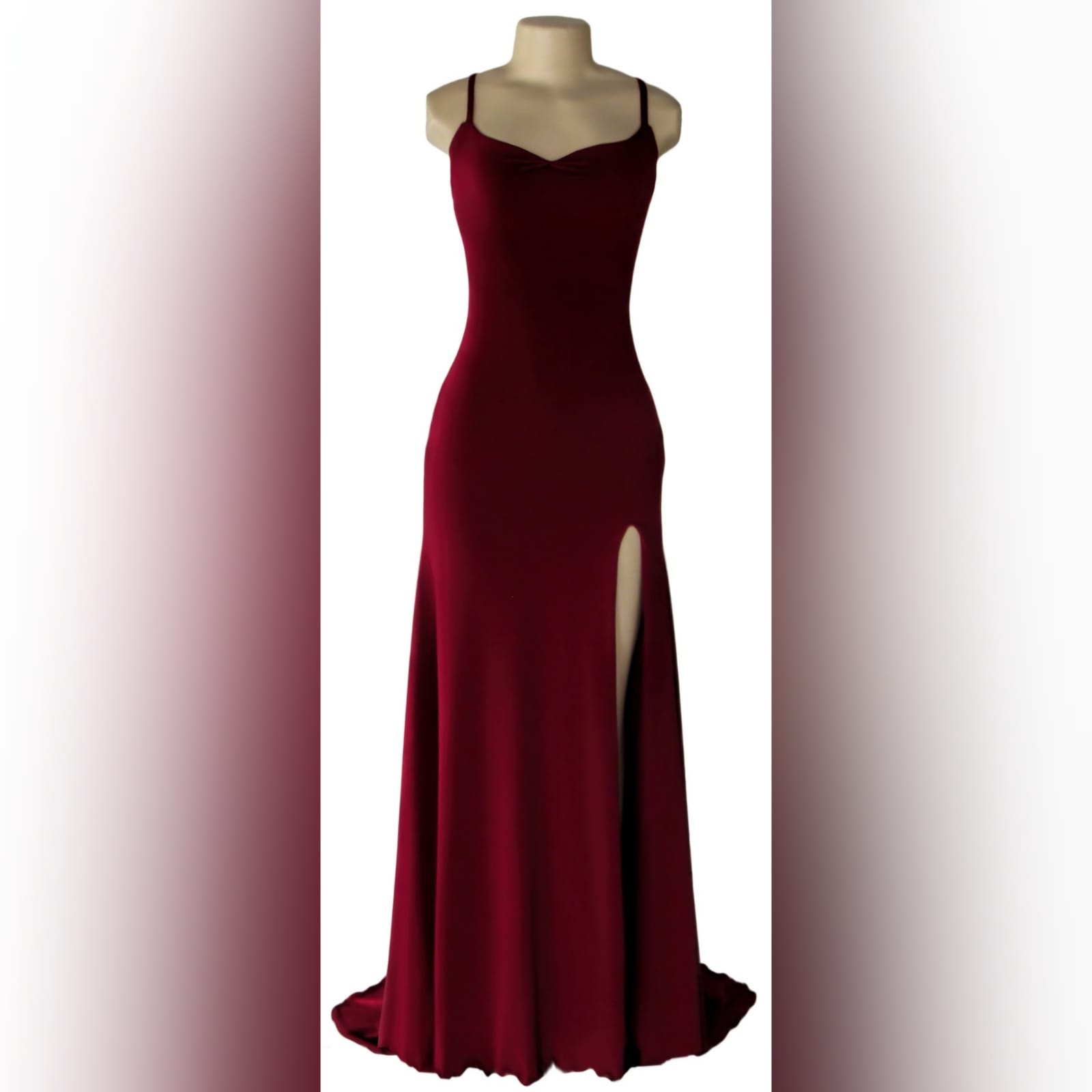 Maroon lace-up back long simple matric dance dress 4 maroon lace-up back long simple matric dance dress with thin shoulder straps, high slit and a small train. Lace-up back to adjust the fit.