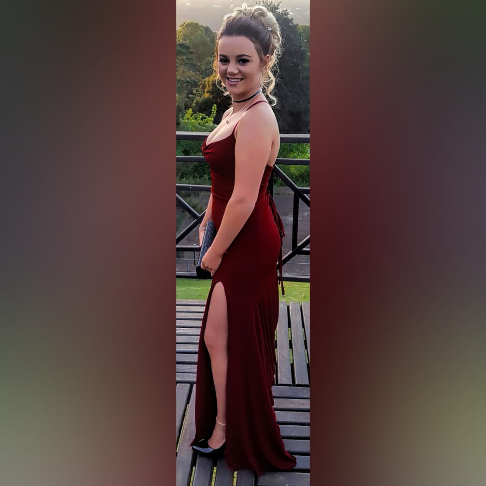 Maroon lace-up back long simple prom dress 6 maroon lace-up back long simple prom dress with thin shoulder straps, high slit and a small train. Lace-up back to adjust the fit.