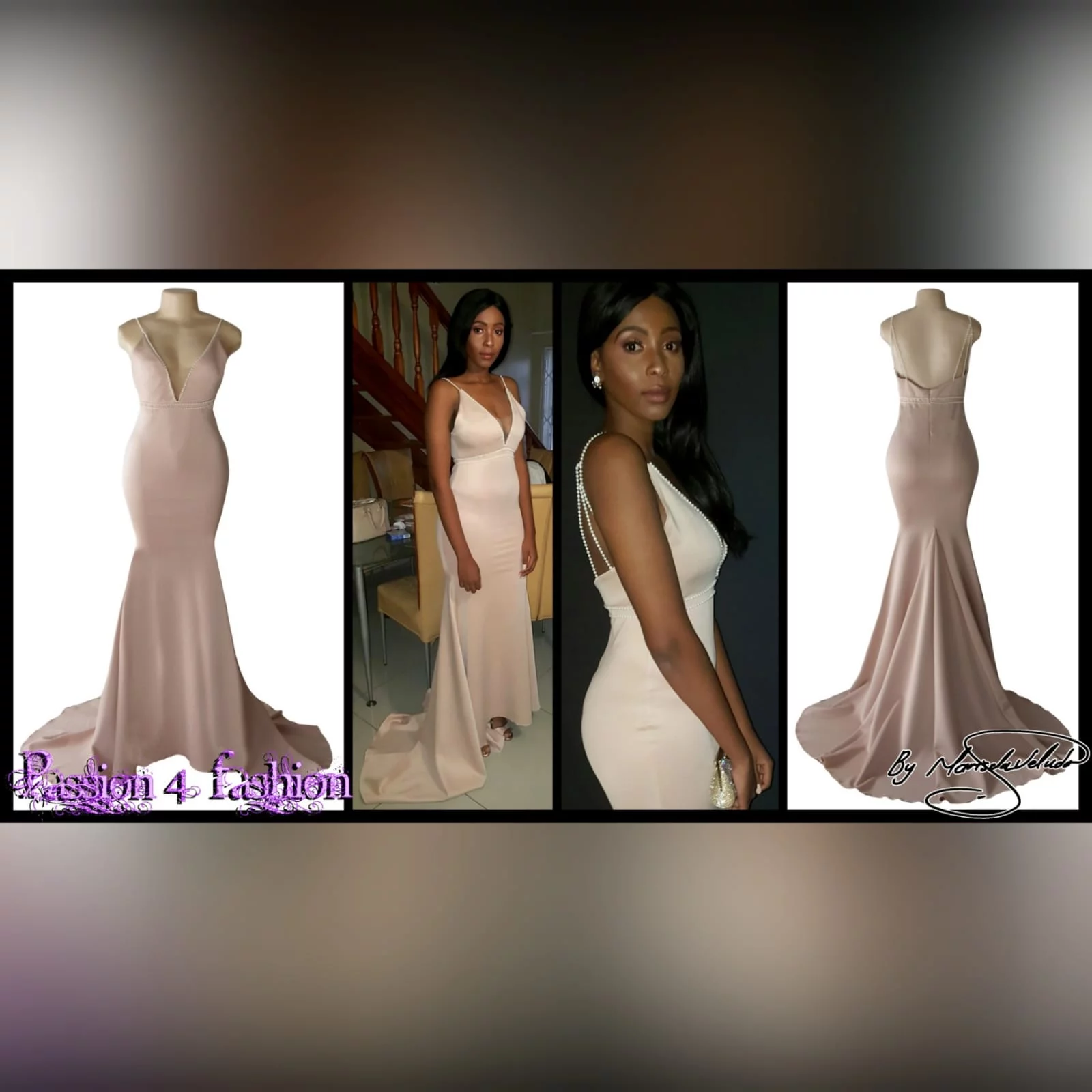 Pink nude soft mermaid prom dress with pearls 6 pink nude soft mermaid prom dress with an illusion plunging neckline, with a low open back, detailed with pearls on the waist and shoulder straps.