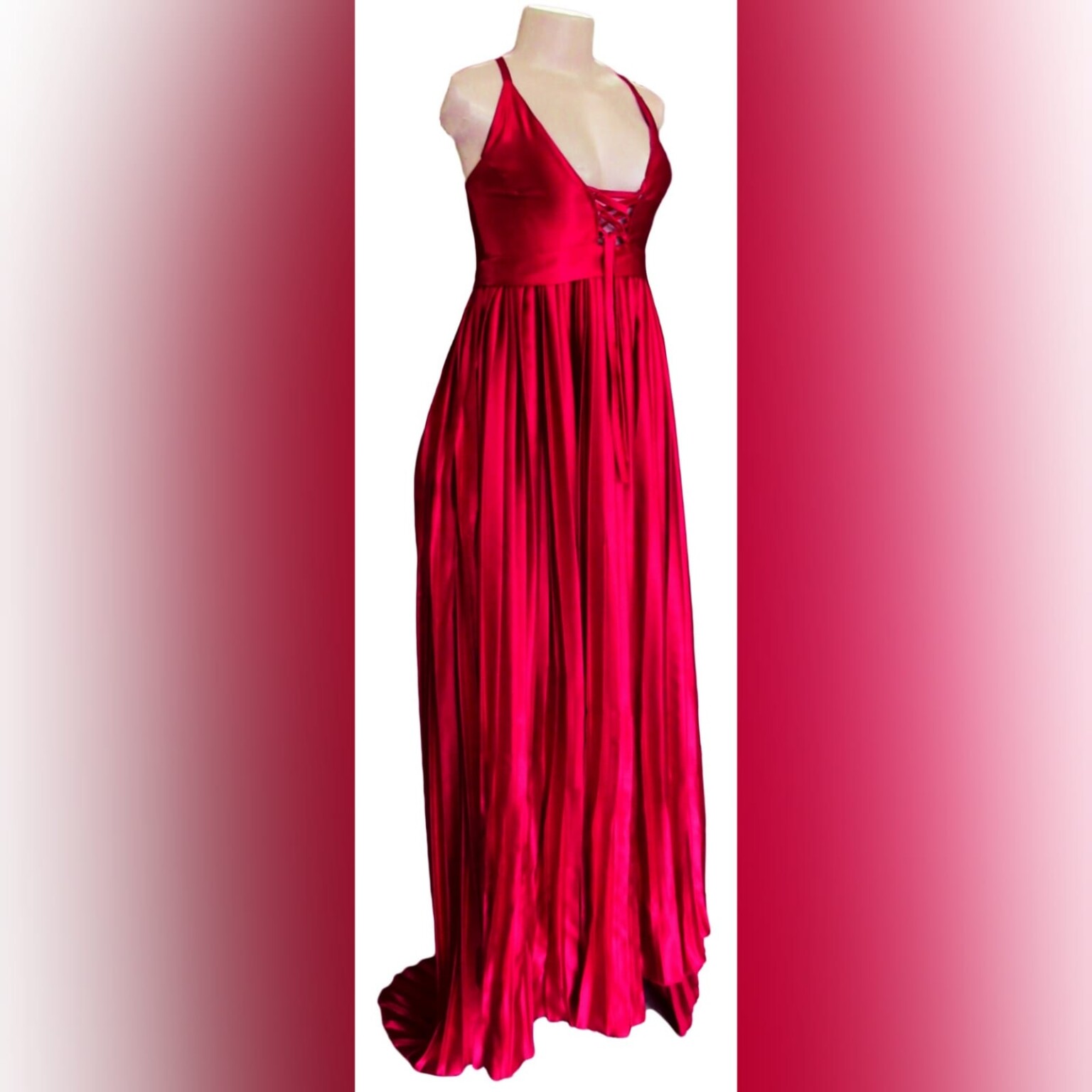 Red Pleated Satin Long Evening Dress - Marisela Veludo - Fashion Designer