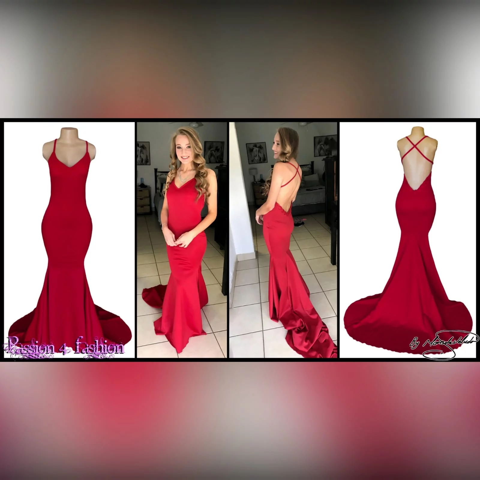 Vestido de cerimónia vermelho sereia 3 vestido de cerimónia vermelho sereia. Com decote v, costas baixas abertas com alças finas cruzadas, com uma cauda.