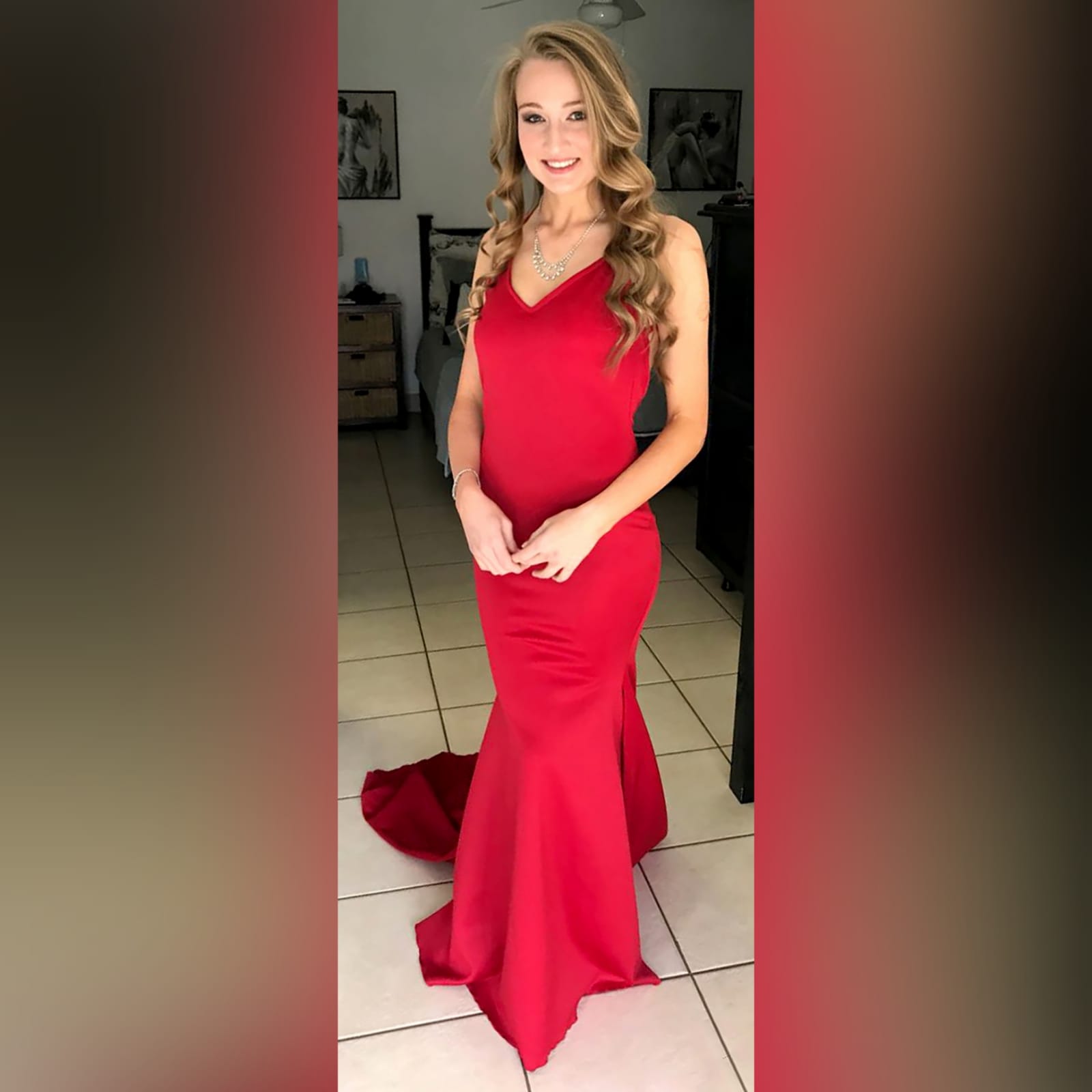 Red soft mermaid prom dress with a v neckline 4 red soft mermaid prom dress with a v neckline, a low open back and thin crossed shoulder straps, with a train.