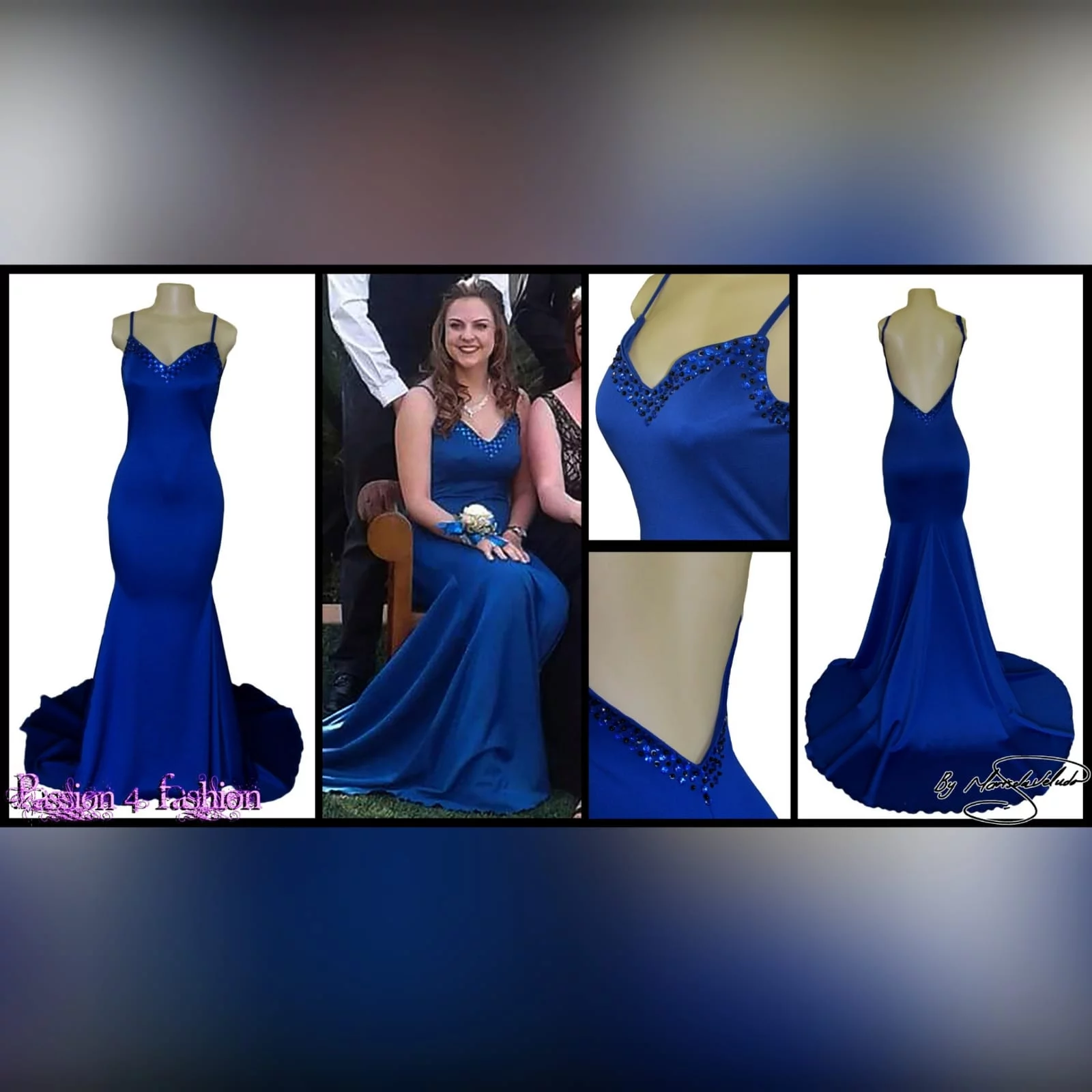 Royal blue soft mermaid beaded prom dress 5 royal blue soft mermaid beaded prom dress, with a v neckline, low v open back detailed with blue and black beads, thin shoulder straps and a long train.