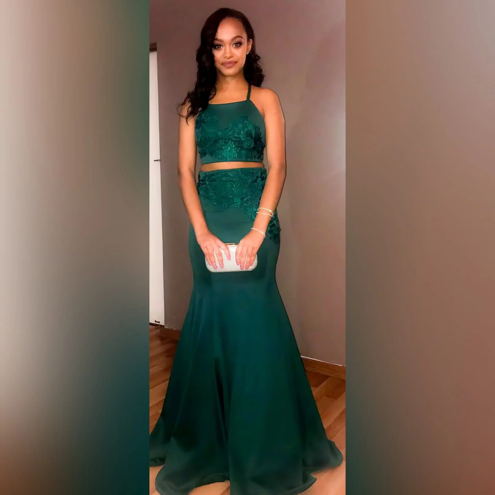 2 piece emerald green mermaid prom dress 9 2 piece emerald green mermaid prom dress. A gorgeous crop top with a lace-up open back, with a mermaid skirt. Lace detail on skirt and top for a classic touch.