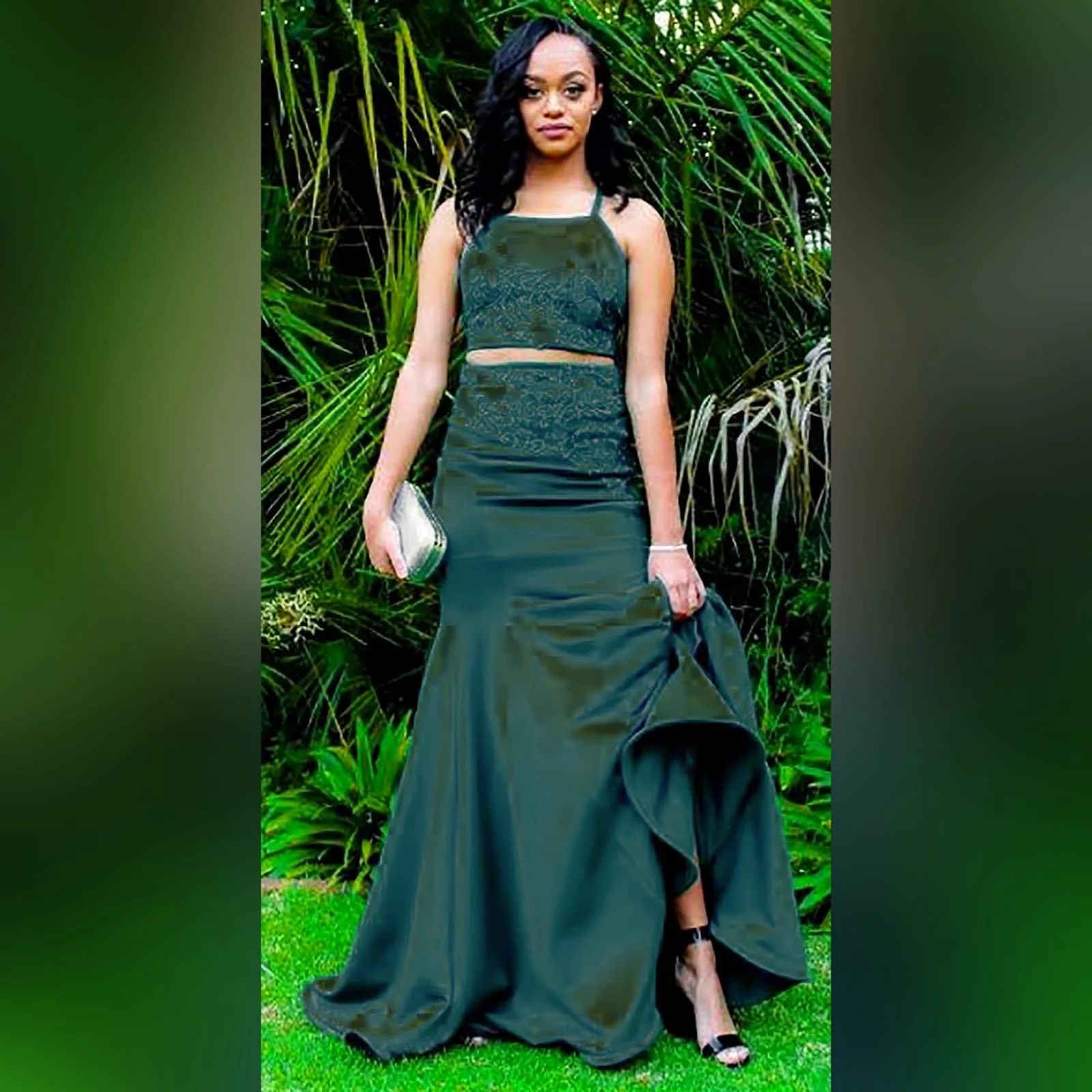 2 piece emerald green mermaid prom dress 2 2 piece emerald green mermaid prom dress. A gorgeous crop top with a lace-up open back, with a mermaid skirt. Lace detail on skirt and top for a classic touch.