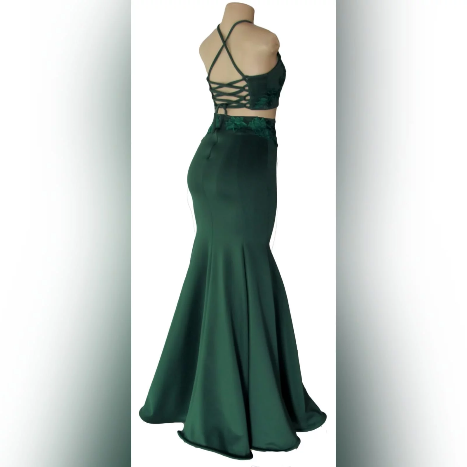 2 piece emerald green mermaid prom dress 3 2 piece emerald green mermaid prom dress. A gorgeous crop top with a lace-up open back, with a mermaid skirt. Lace detail on skirt and top for a classic touch.