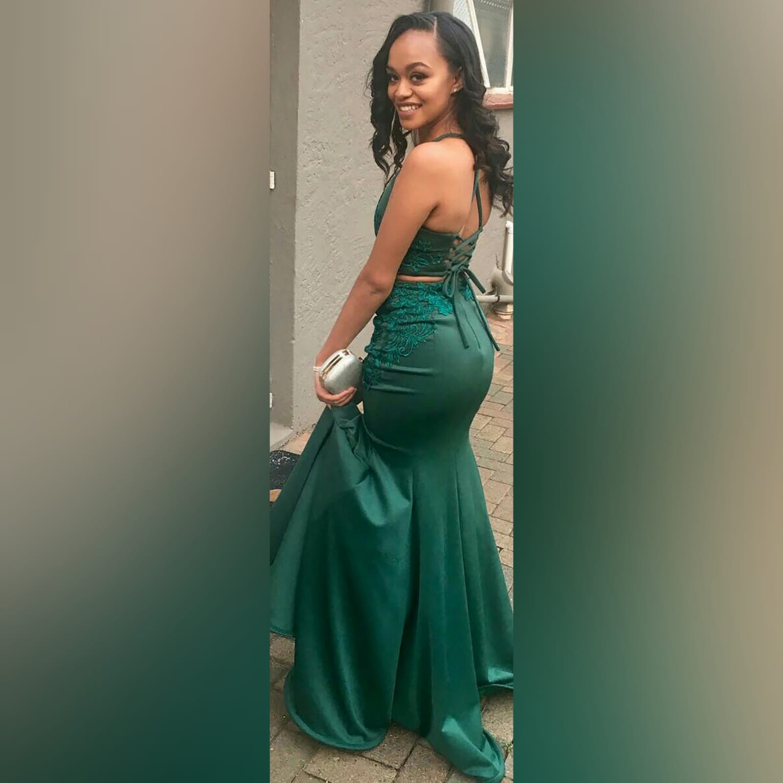 2 piece emerald green mermaid prom dress 1 2 piece emerald green mermaid prom dress. A gorgeous crop top with a lace-up open back, with a mermaid skirt. Lace detail on skirt and top for a classic touch.