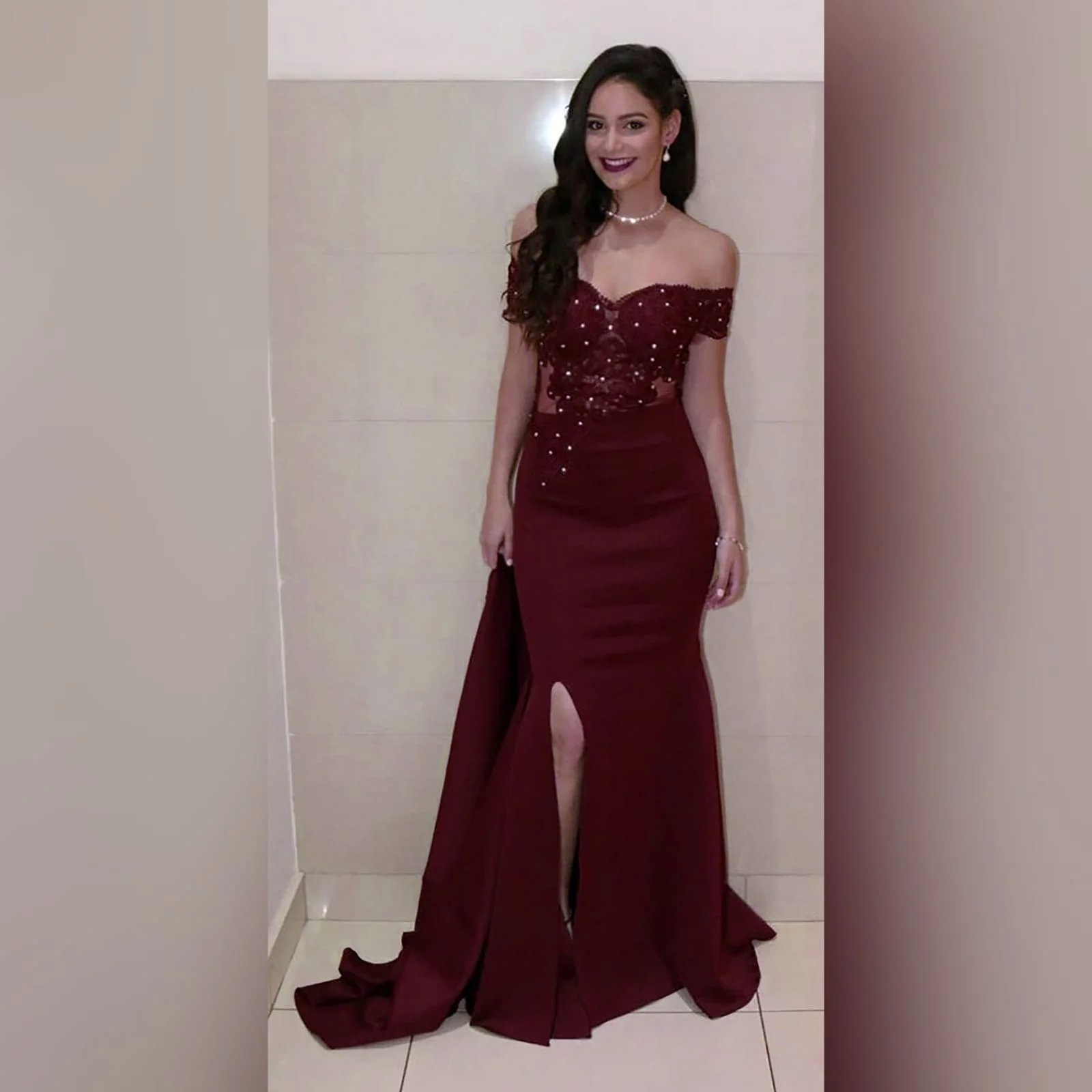 Burgundy off shoulder long matric dance dress 8 burgundy off shoulder long matric dance dress. With an illusion bodice detailed with lace and beads and off-shoulder short sleeves. Bottom fitted till hip, with a high slit and a train for a touch of sexy and drama.