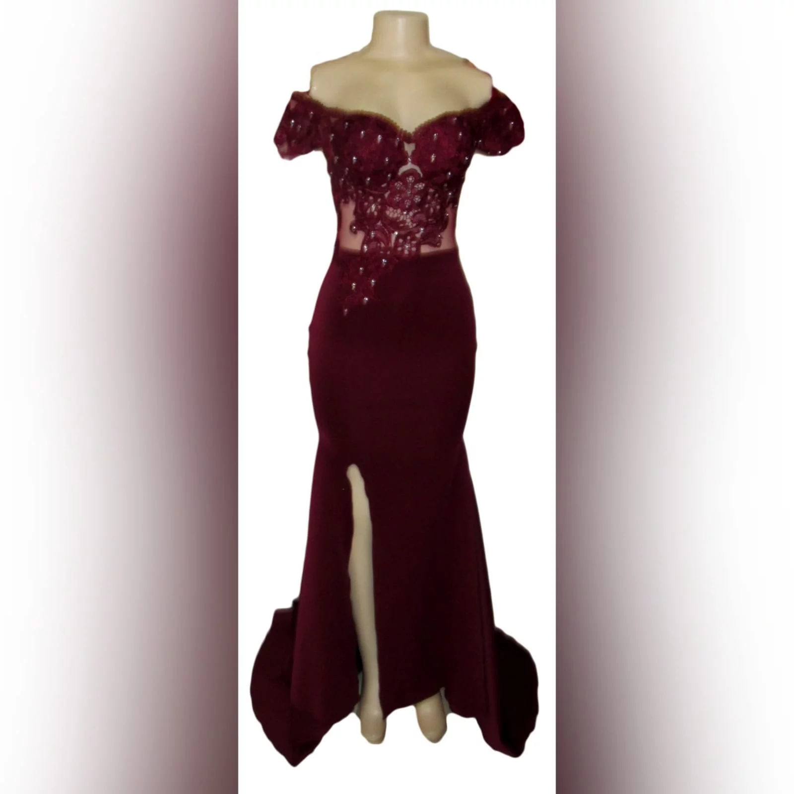 Burgundy off shoulder long matric dance dress 2 burgundy off shoulder long matric dance dress. With an illusion bodice detailed with lace and beads and off-shoulder short sleeves. Bottom fitted till hip, with a high slit and a train for a touch of sexy and drama.