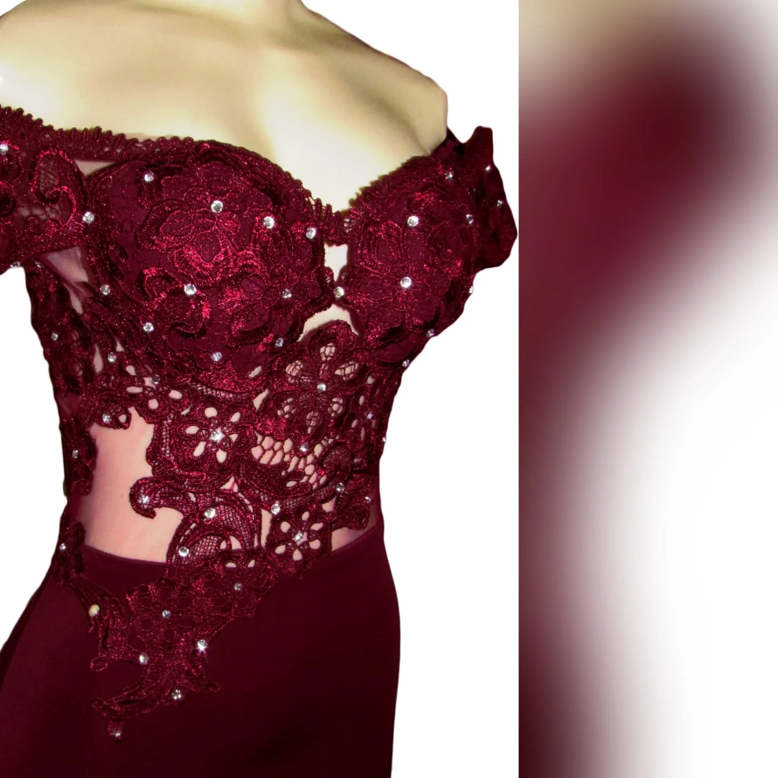 Burgundy off shoulder long matric dance dress 4 burgundy off shoulder long matric dance dress. With an illusion bodice detailed with lace and beads and off-shoulder short sleeves. Bottom fitted till hip, with a high slit and a train for a touch of sexy and drama.