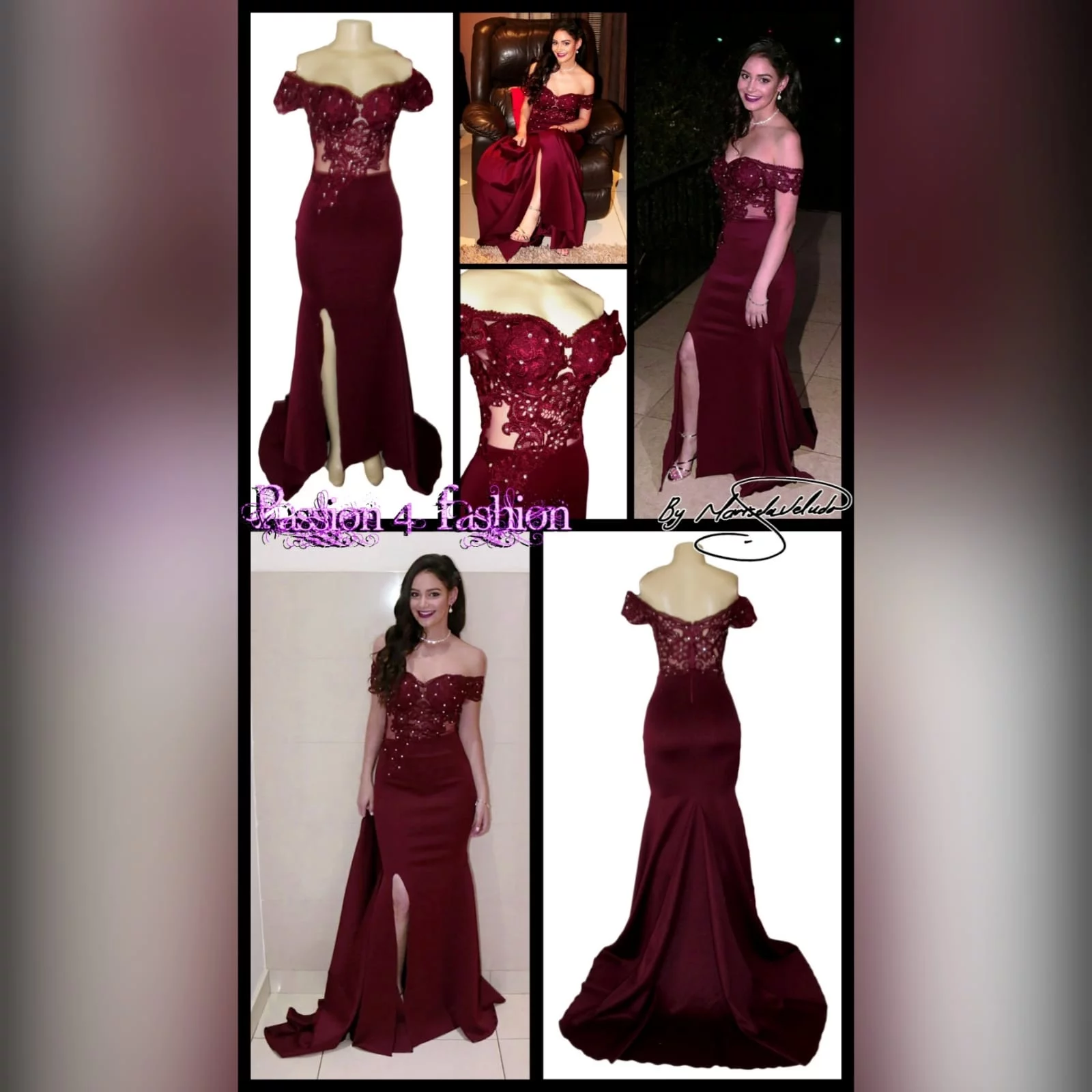 Burgundy off shoulder long matric dance dress 5 burgundy off shoulder long matric dance dress. With an illusion bodice detailed with lace and beads and off-shoulder short sleeves. Bottom fitted till hip, with a high slit and a train for a touch of sexy and drama.