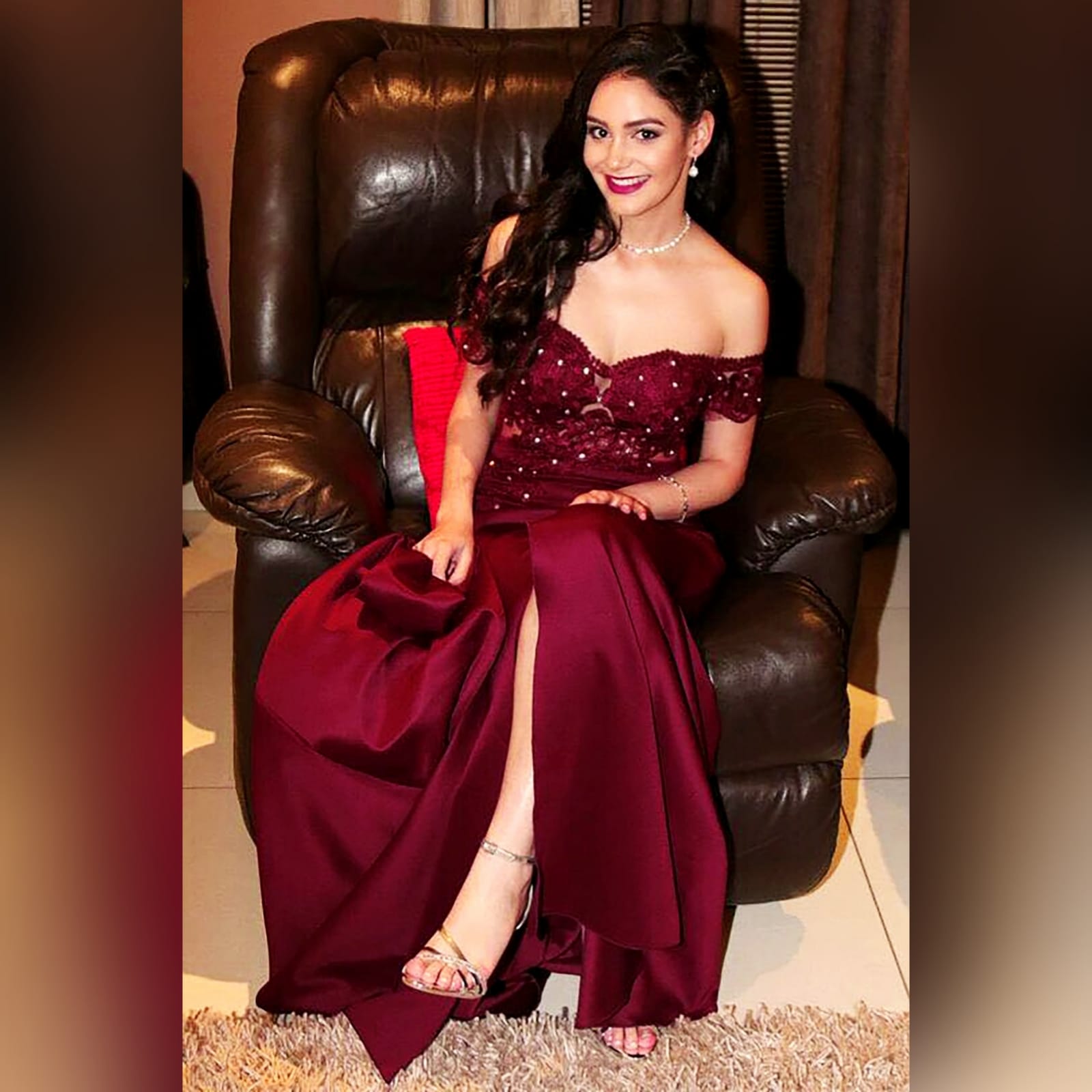 Burgundy off shoulder long matric dance dress 6 burgundy off shoulder long matric dance dress. With an illusion bodice detailed with lace and beads and off-shoulder short sleeves. Bottom fitted till hip, with a high slit and a train for a touch of sexy and drama.