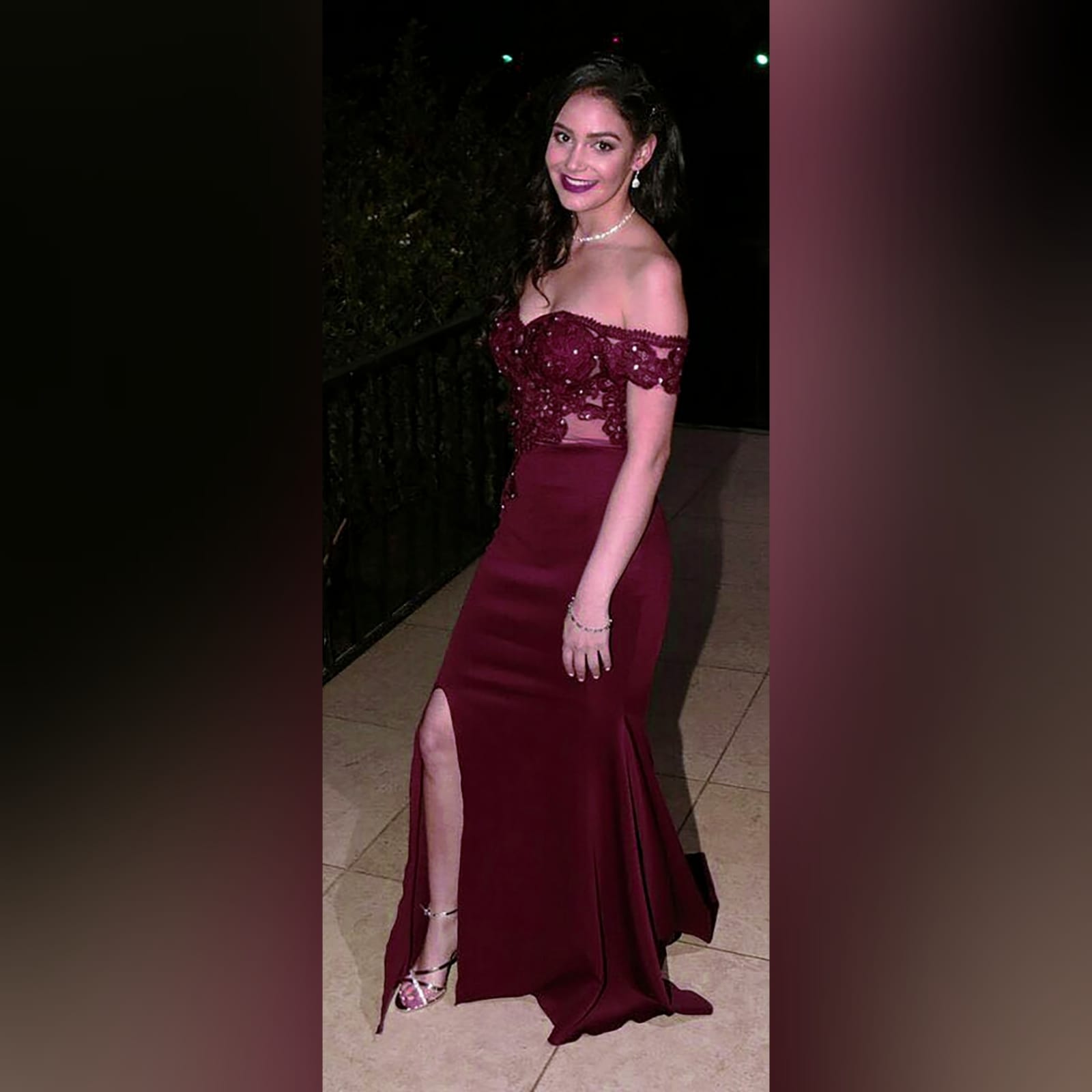 Burgundy off shoulder long matric dance dress 1 burgundy off shoulder long matric dance dress. With an illusion bodice detailed with lace and beads and off-shoulder short sleeves. Bottom fitted till hip, with a high slit and a train for a touch of sexy and drama.