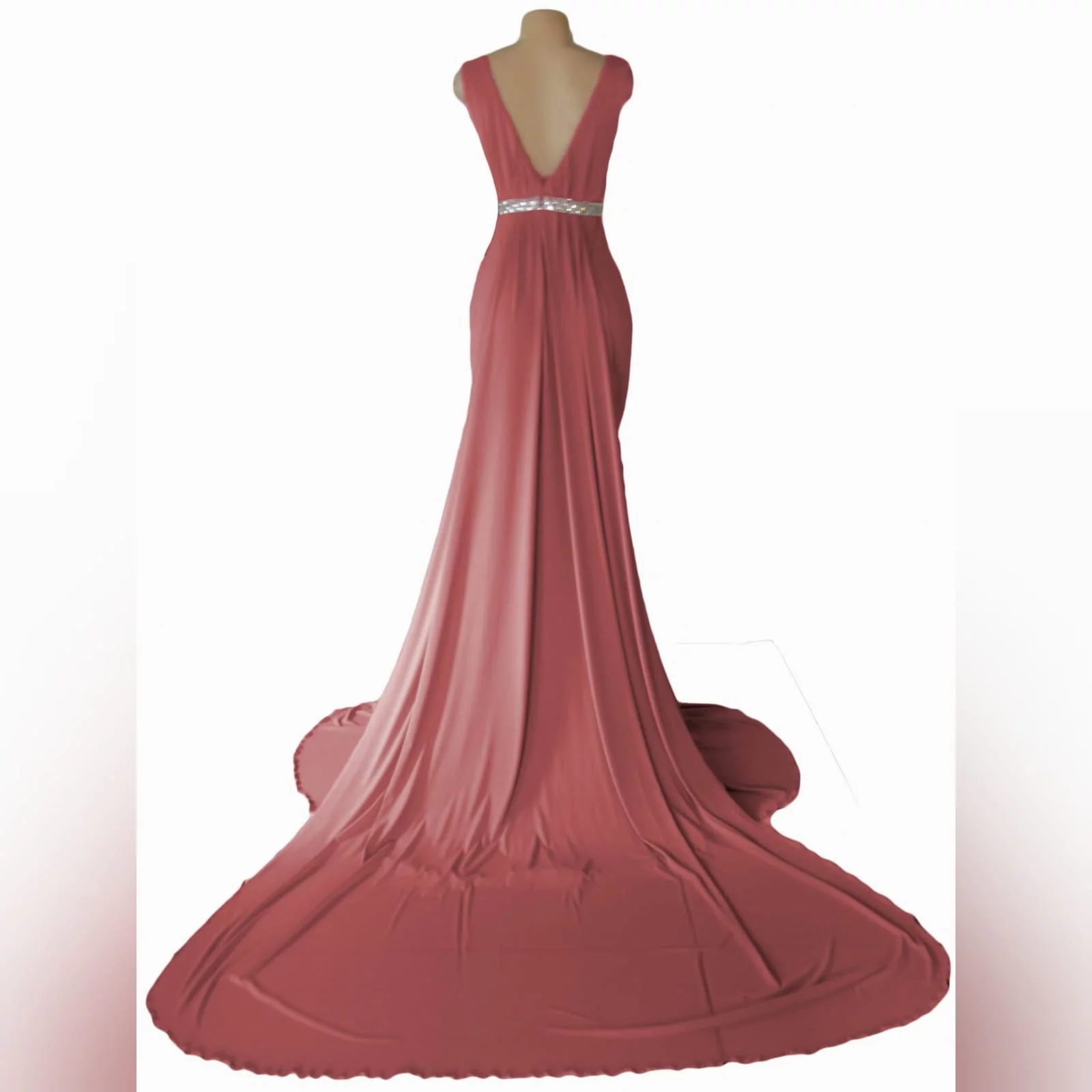 Dusty pink soft mermaid formal dress 2 this dusty pink soft mermaid formal dress was specially made for a prom dance. With a slight gather on the bodice and a rounded neckline. Dress has a double train. The long train is attached to the beaded removable belt.