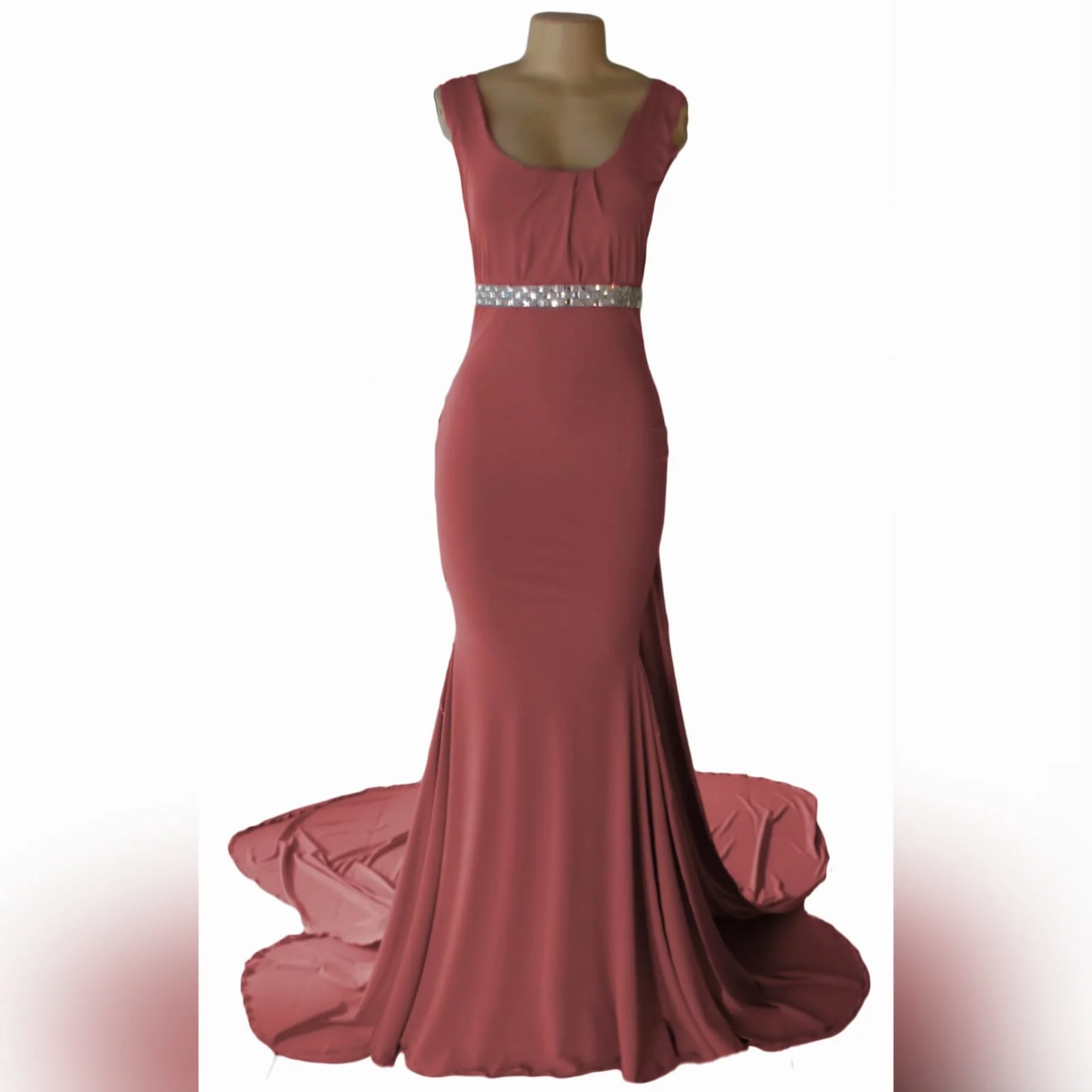 Dusty pink soft mermaid formal dress 3 this dusty pink soft mermaid formal dress was specially made for a prom dance. With a slight gather on the bodice and a rounded neckline. Dress has a double train. The long train is attached to the beaded removable belt.
