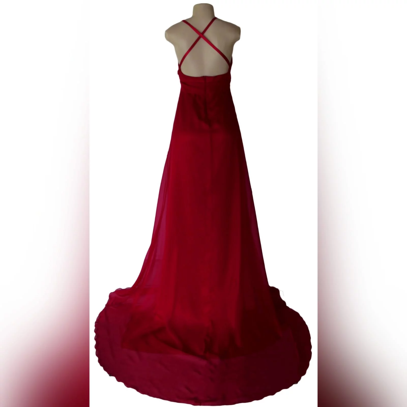 Long red flowy formal dress 3 long red flowy formal dress, with a low v neckline, low open back with crossed thin shoulder straps. Wide waist belt, high slit and a train. A design suitable for various occasions, made per measurements any colour you want.