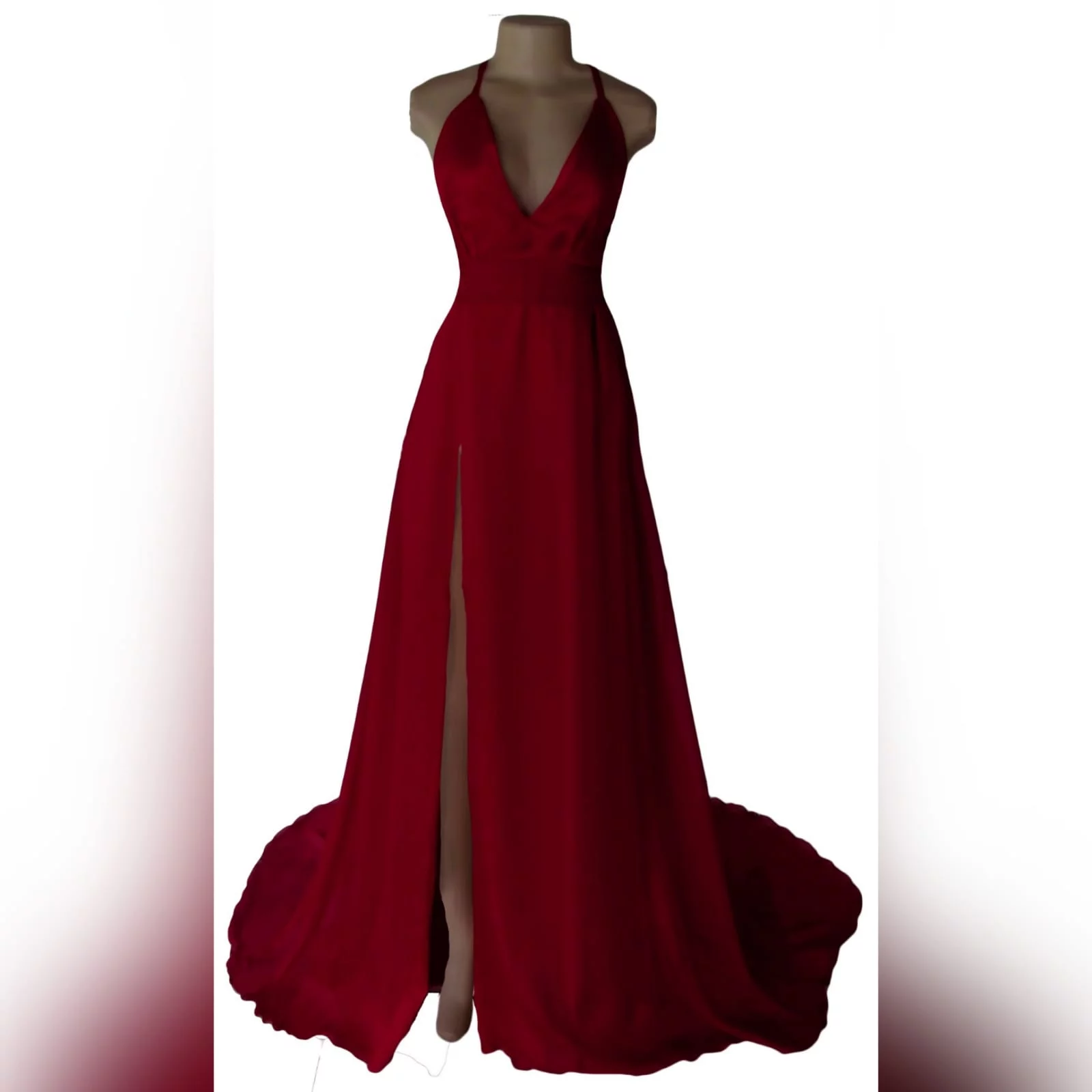 Long red flowy formal dress 2 long red flowy formal dress, with a low v neckline, low open back with crossed thin shoulder straps. Wide waist belt, high slit and a train. A design suitable for various occasions, made per measurements any colour you want.