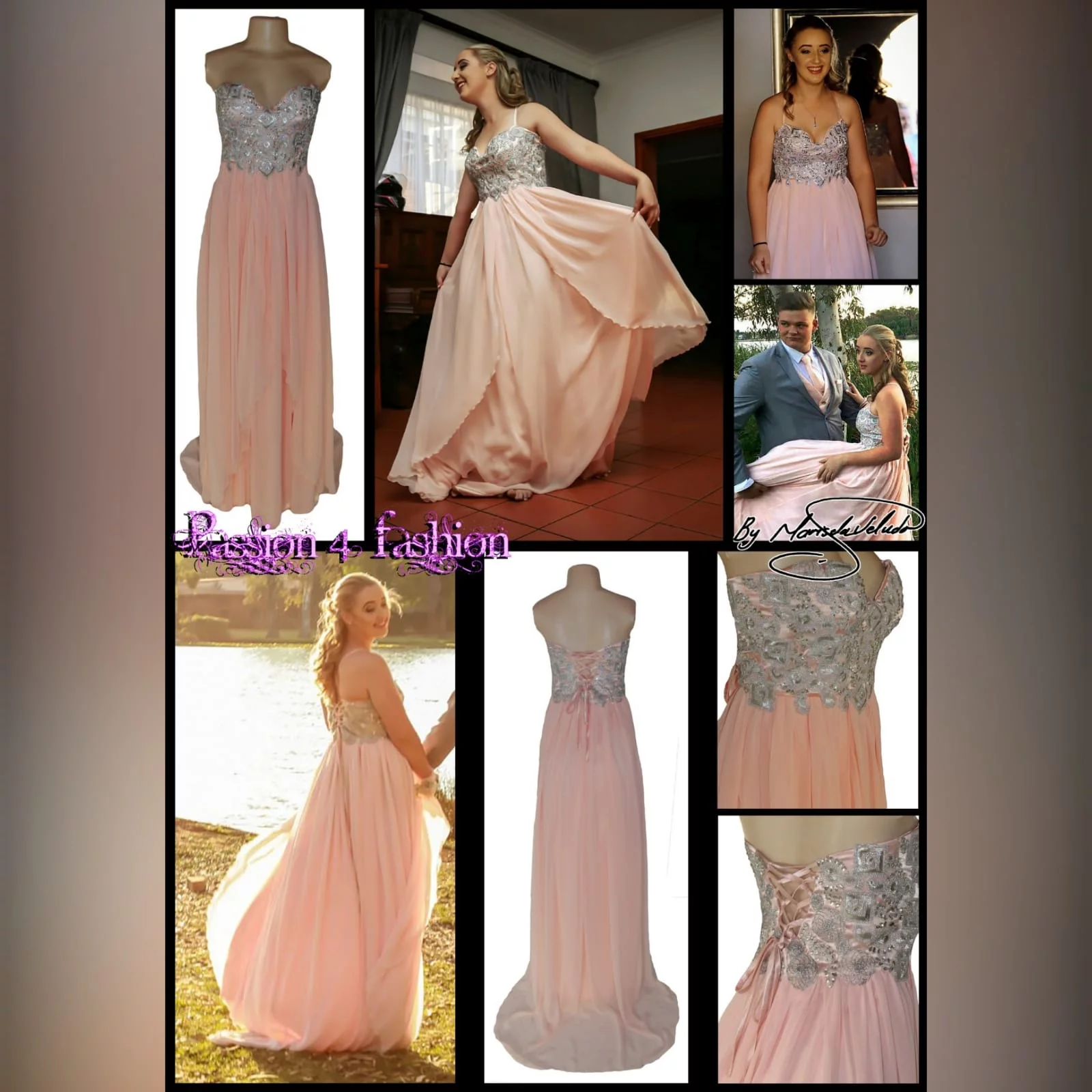 Peach and silver fun prom dress 9 peach and silver fun prom dress. Bodice detailed with appliques and beads, with a lace-up back. Bottom with gathered chiffon and an overlayer opened in front.