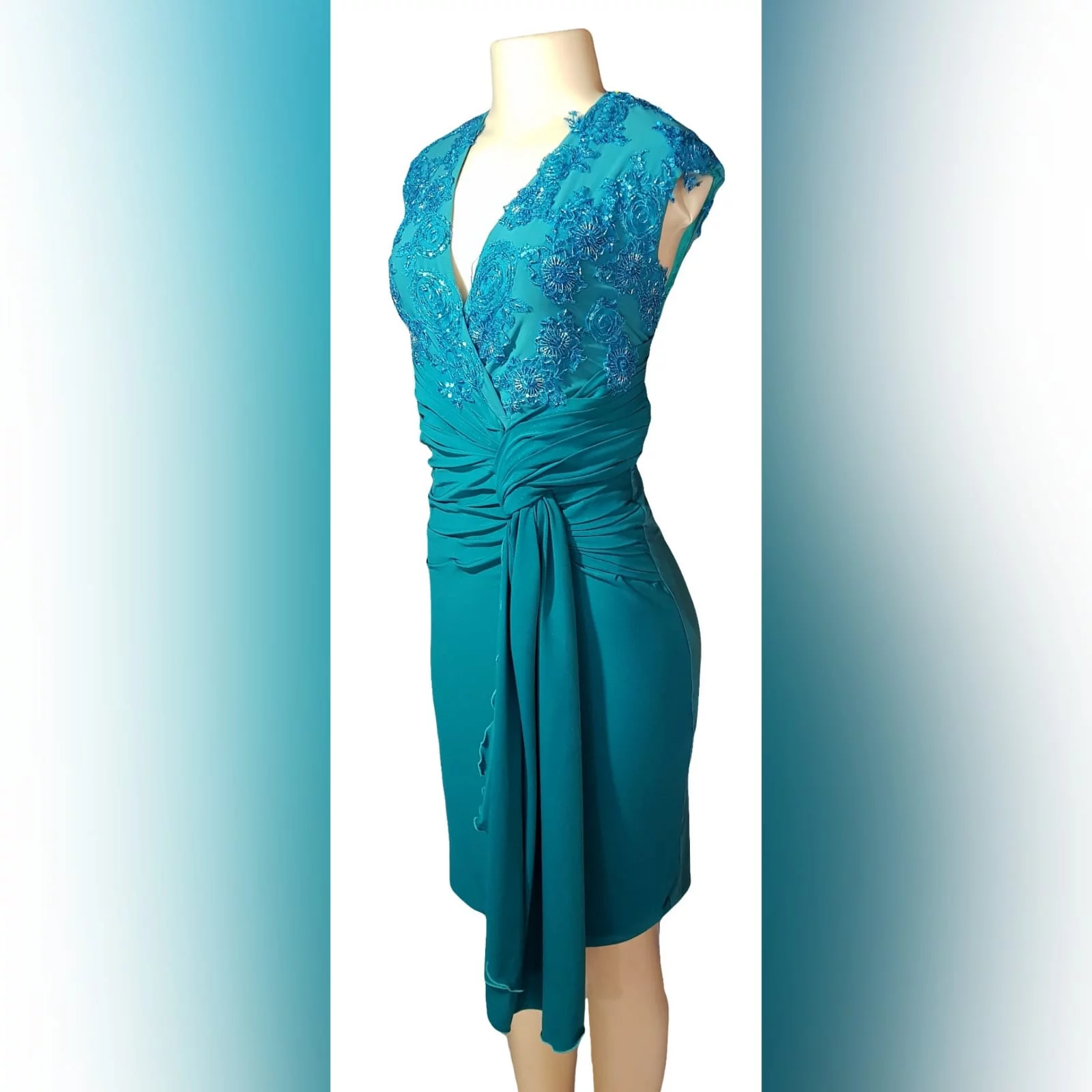 Pencil fit turquoise knee length formal dress 2 a pencil fit turquoise knee length formal dress, created for a wedding for mother of bride. This simple elegant design has a crossed v neckline detailed with beaded lace. A ruched belt with ends on the side over the dress.
