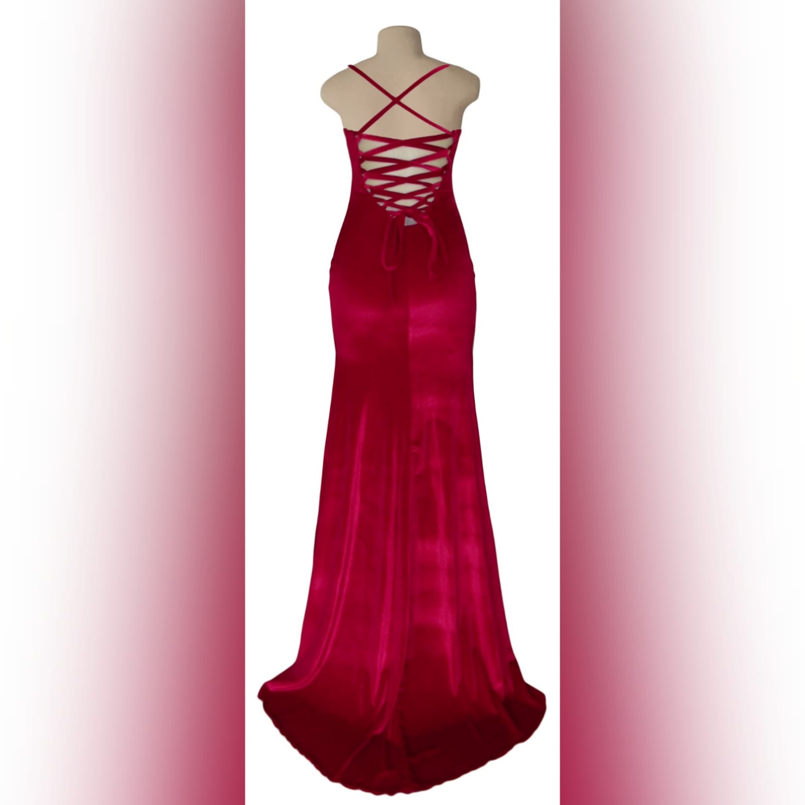 Red velvet long fitted evening party dress 2 red velvet long fitted evening party dress. This design has a laceup back which adds a stunning look to it and also helps adjust the dress fit. It has a high slit and a train for a dramatic effect.