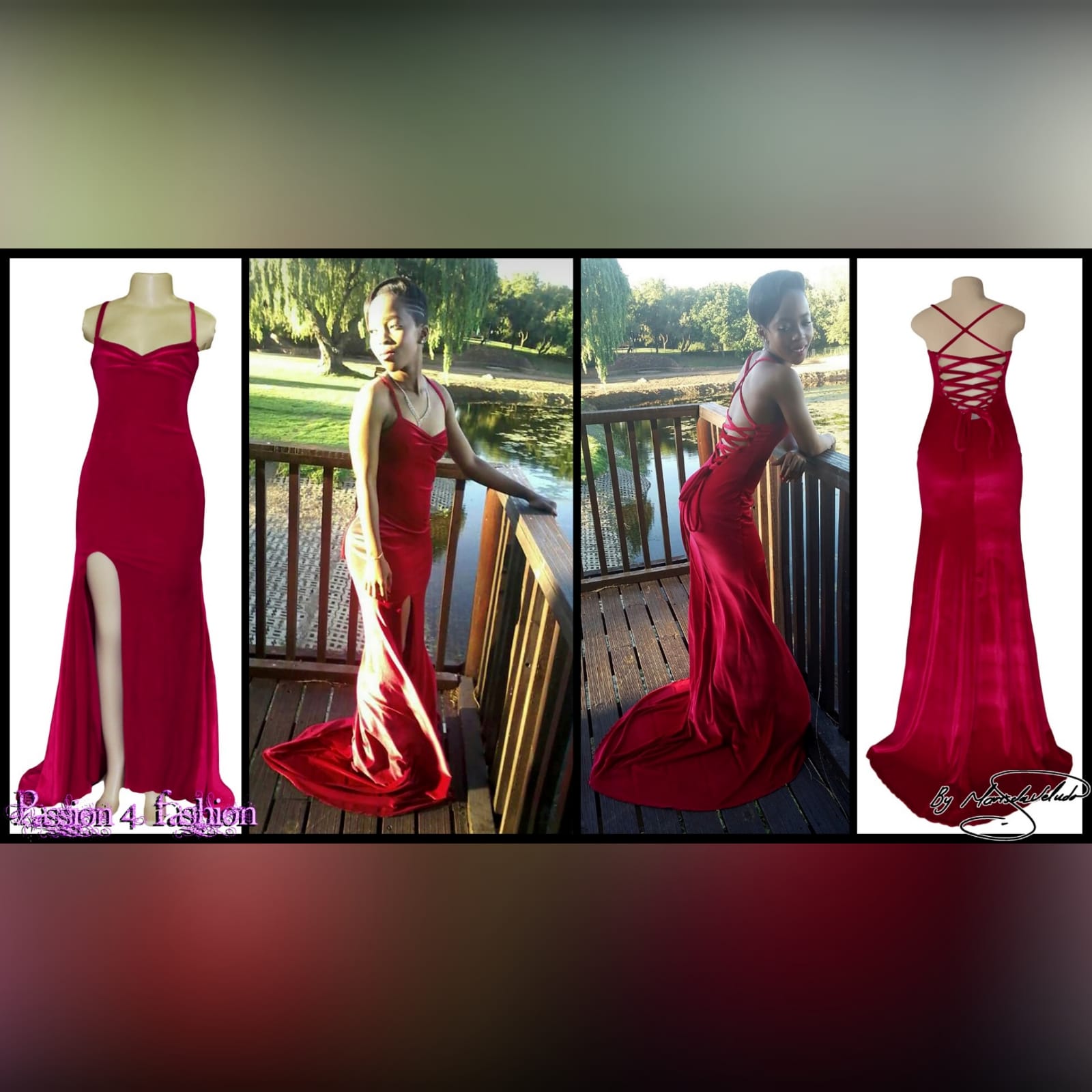 Red velvet long fitted evening party dress 3 red velvet long fitted evening party dress. This design has a laceup back which adds a stunning look to it and also helps adjust the dress fit. It has a high slit and a train for a dramatic effect.