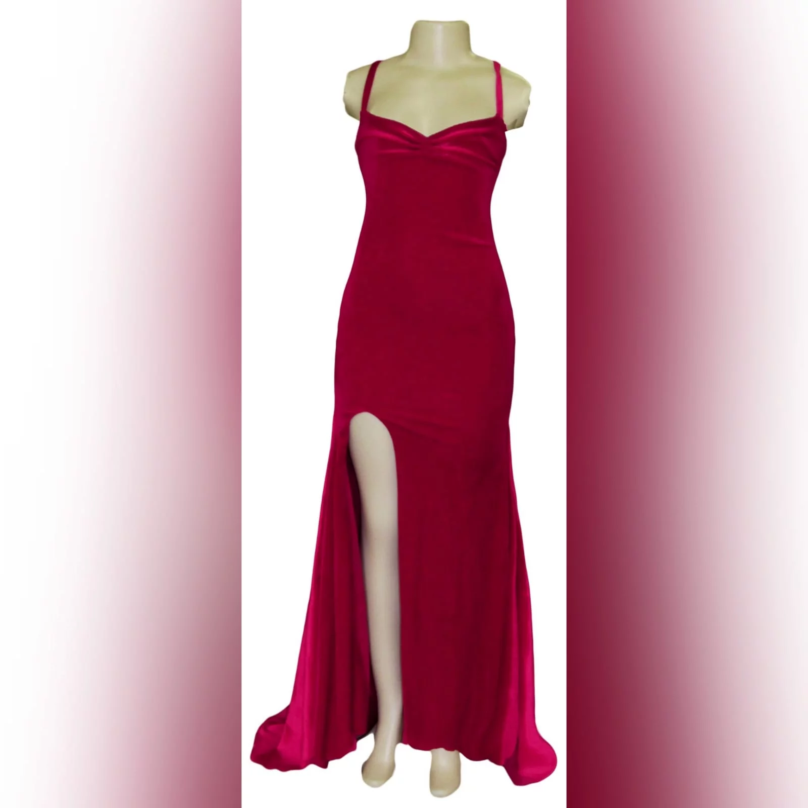 Red velvet long fitted evening party dress 4 red velvet long fitted evening party dress. This design has a laceup back which adds a stunning look to it and also helps adjust the dress fit. It has a high slit and a train for a dramatic effect.
