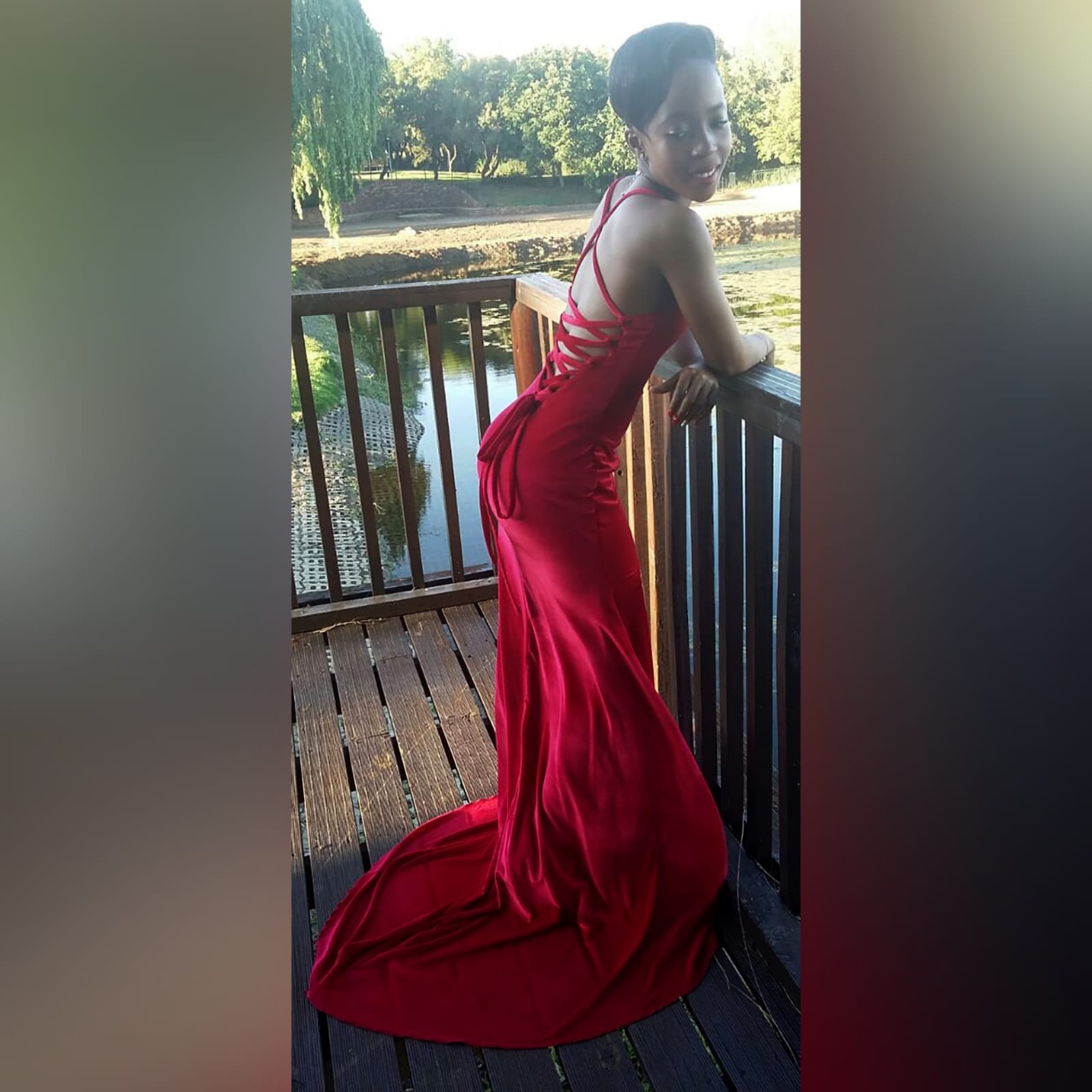 Red velvet long fitted evening party dress 1 red velvet long fitted evening party dress. This design has a laceup back which adds a stunning look to it and also helps adjust the dress fit. It has a high slit and a train for a dramatic effect.