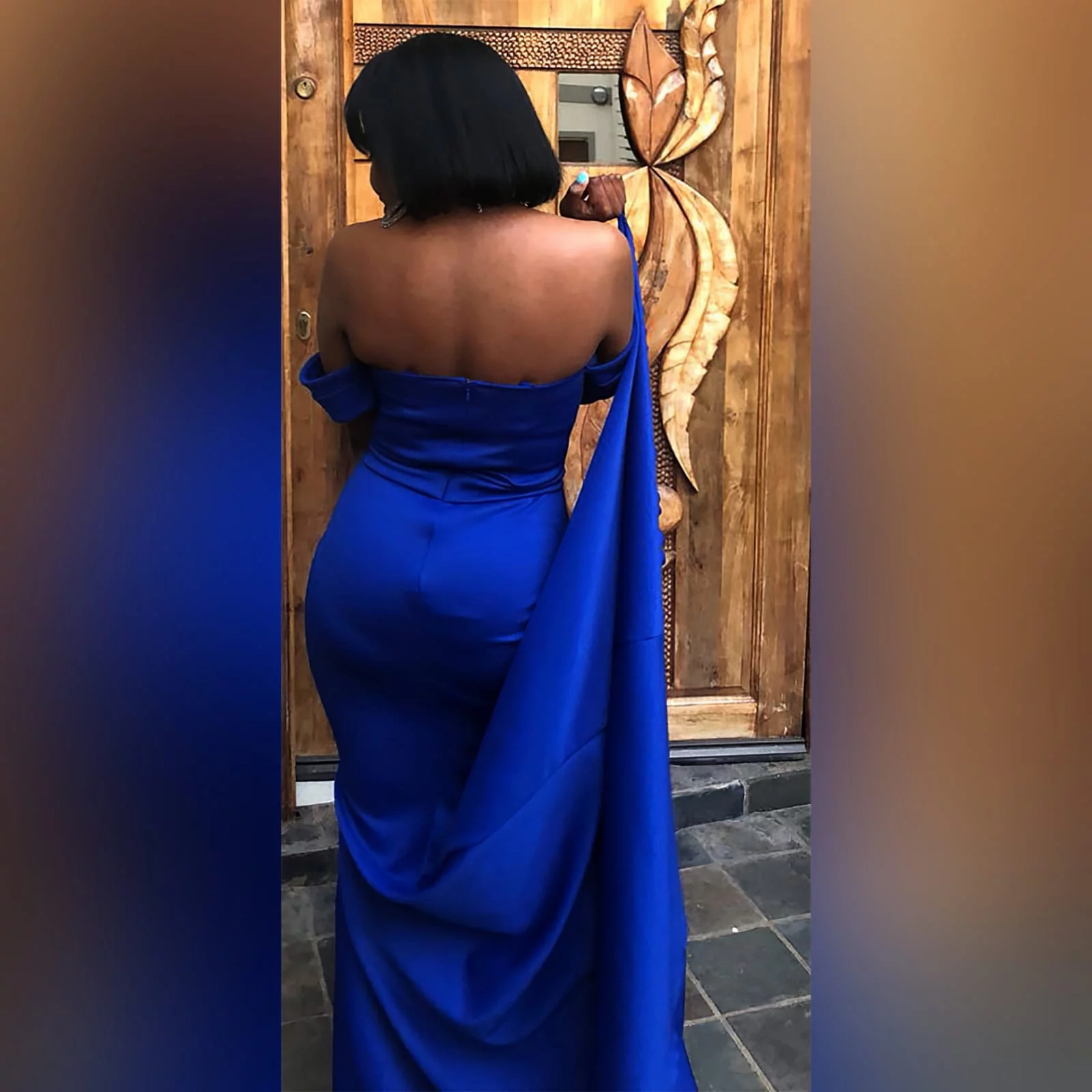 Simple royal blue soft mermaid dress 6 a simple royal blue soft mermaid dress, created for a debutantes ball. With a modern off-shoulder neckline and off-shoulder short sleeves. A belt effect to enhance the waist and a train for a touch of drama.