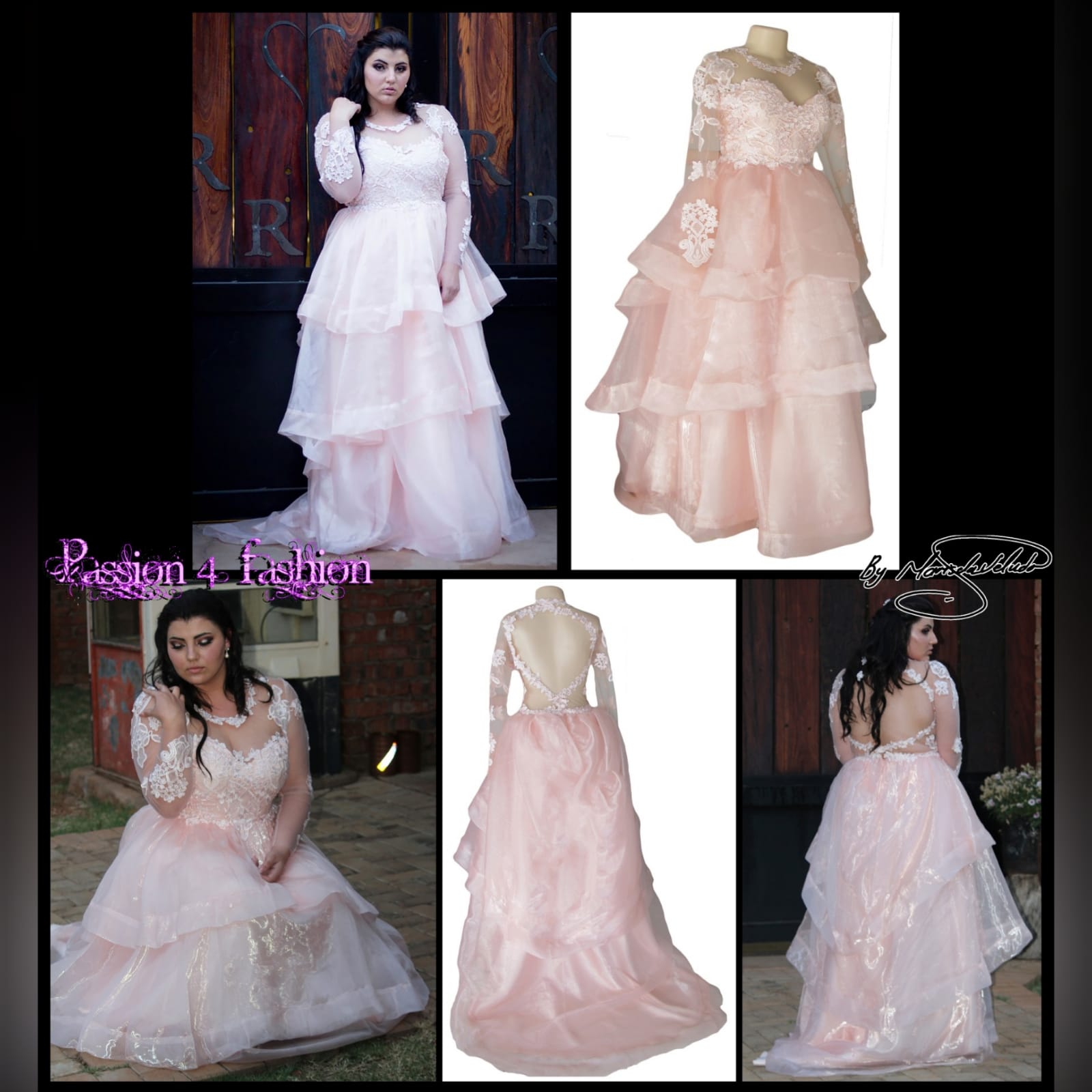 Baby pink long organza and lace prom ballgown 2 baby pink long organza and lace prom ballgown. This unique dress has a lace bodice with illusion neckline and sleeves and an open back. Bottom with a 3 layer organza design with a little train.