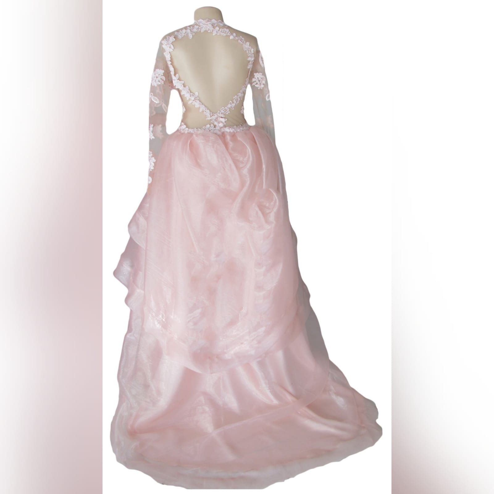 Baby pink long organza and lace prom ballgown 6 baby pink long organza and lace prom ballgown. This unique dress has a lace bodice with illusion neckline and sleeves and an open back. Bottom with a 3 layer organza design with a little train.