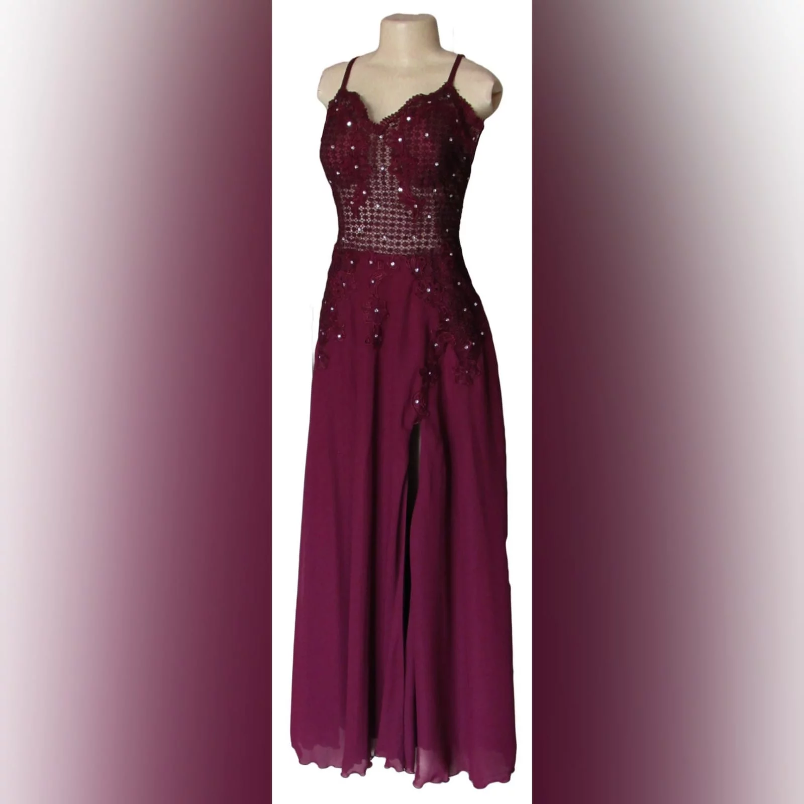 Burgundy chiffon and lace matric dance dress 4 burgundy chiffon and lace matric farewell dress. Bodice in lace, with a v neckline and v low open back, with double shoulder crossed straps. Bodice detailed with silver beads. Bottom in flowy chiffon with a slit.