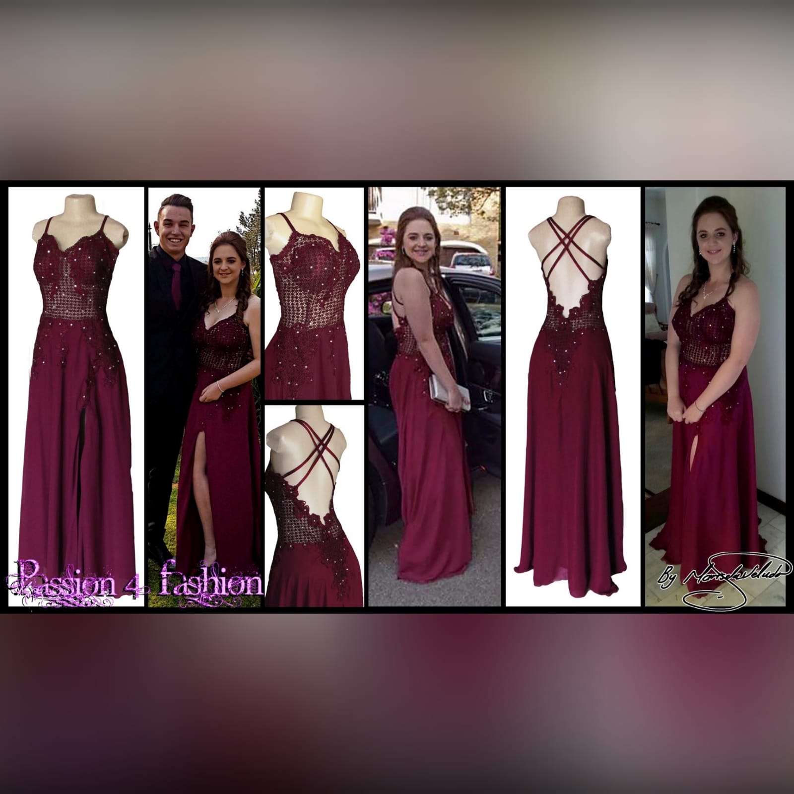 Burgundy chiffon and lace matric dance dress 5 burgundy chiffon and lace matric farewell dress. Bodice in lace, with a v neckline and v low open back, with double shoulder crossed straps. Bodice detailed with silver beads. Bottom in flowy chiffon with a slit.