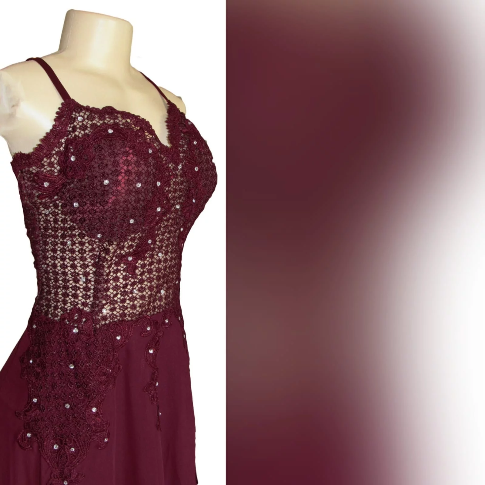 Burgundy chiffon and lace matric dance dress 6 burgundy chiffon and lace matric farewell dress. Bodice in lace, with a v neckline and v low open back, with double shoulder crossed straps. Bodice detailed with silver beads. Bottom in flowy chiffon with a slit.