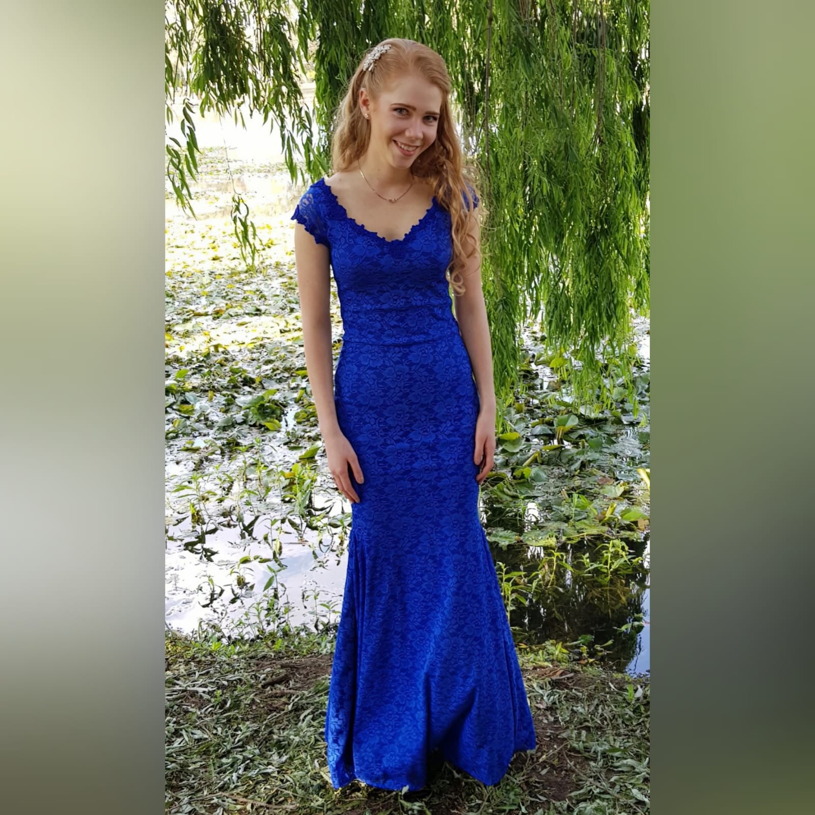 Royal blue fully lace prom dress 4 royal blue fully lace prom dress. An elegant simple design fitted till the hip with a slight flare. An off-shoulder neckline and cap sleeves detailed with guipure lace.