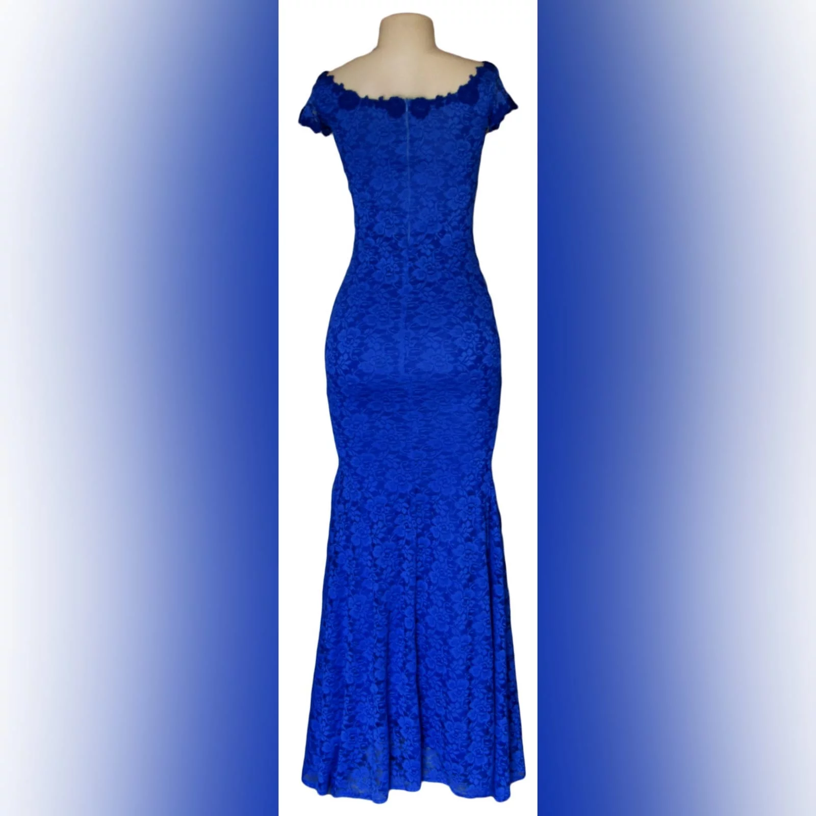 Royal blue fully lace prom dress 7 royal blue fully lace prom dress. An elegant simple design fitted till the hip with a slight flare. An off-shoulder neckline and cap sleeves detailed with guipure lace.