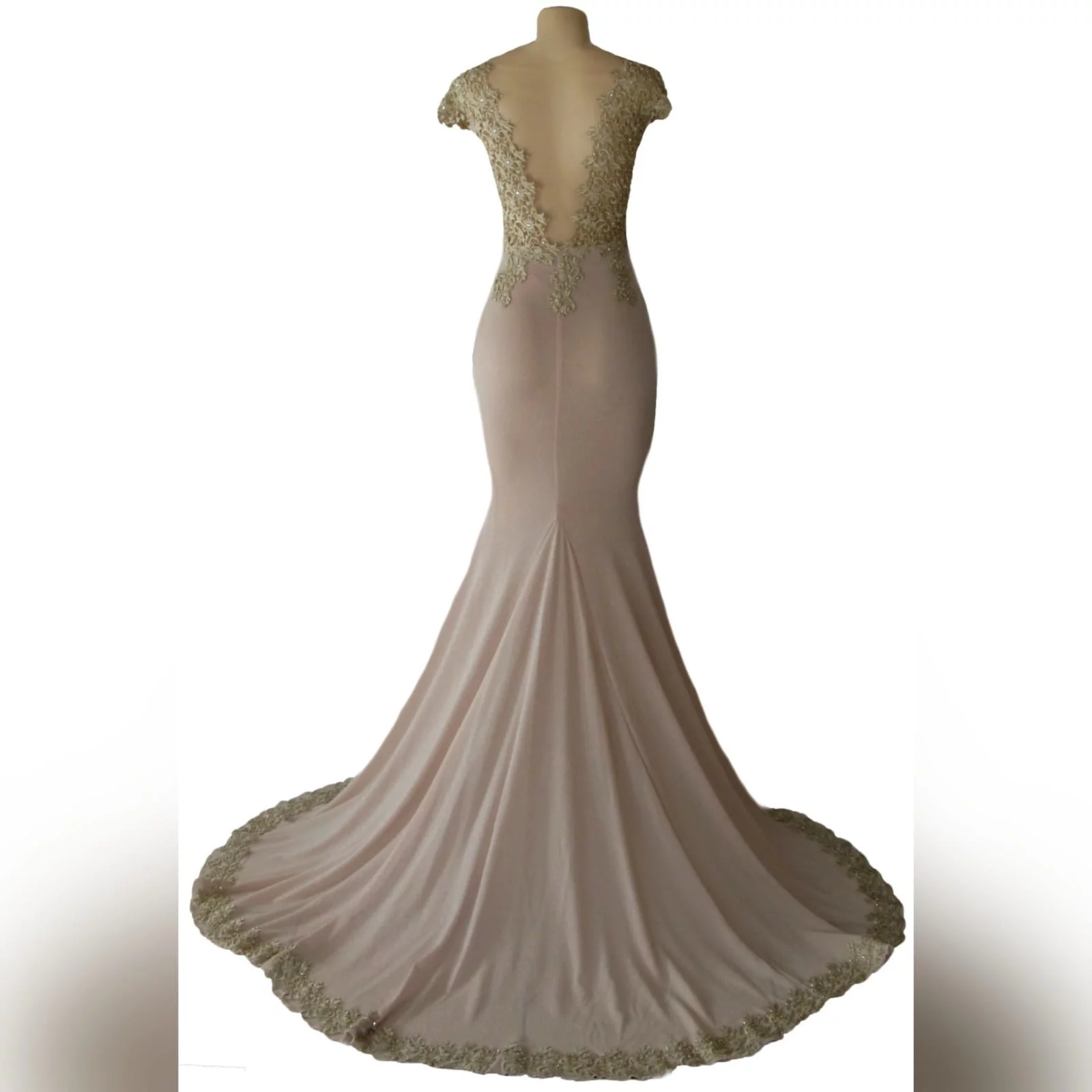 Vestido de ceremonia champagne com brilho e renda 2 vestido de ceremonia champagne com brilho e renda. Criado e feito para uma dança de finalistas. Este vestido elegante e sofisticado tem um corpete em renda de ilusão, decote profundo e costas em v abertas. Fundo sereia com brilho com uma cauda larga e uma borda de renda. Toda a renda detalhada com brilhantes e pedras de prata