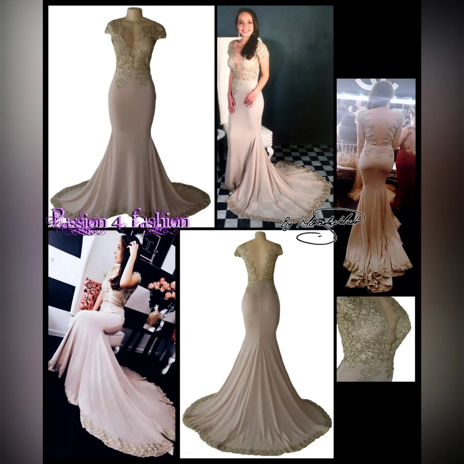 Vestido de ceremonia champagne com brilho e renda 5 vestido de ceremonia champagne com brilho e renda. Criado e feito para uma dança de finalistas. Este vestido elegante e sofisticado tem um corpete em renda de ilusão, decote profundo e costas em v abertas. Fundo sereia com brilho com uma cauda larga e uma borda de renda. Toda a renda detalhada com brilhantes e pedras de prata