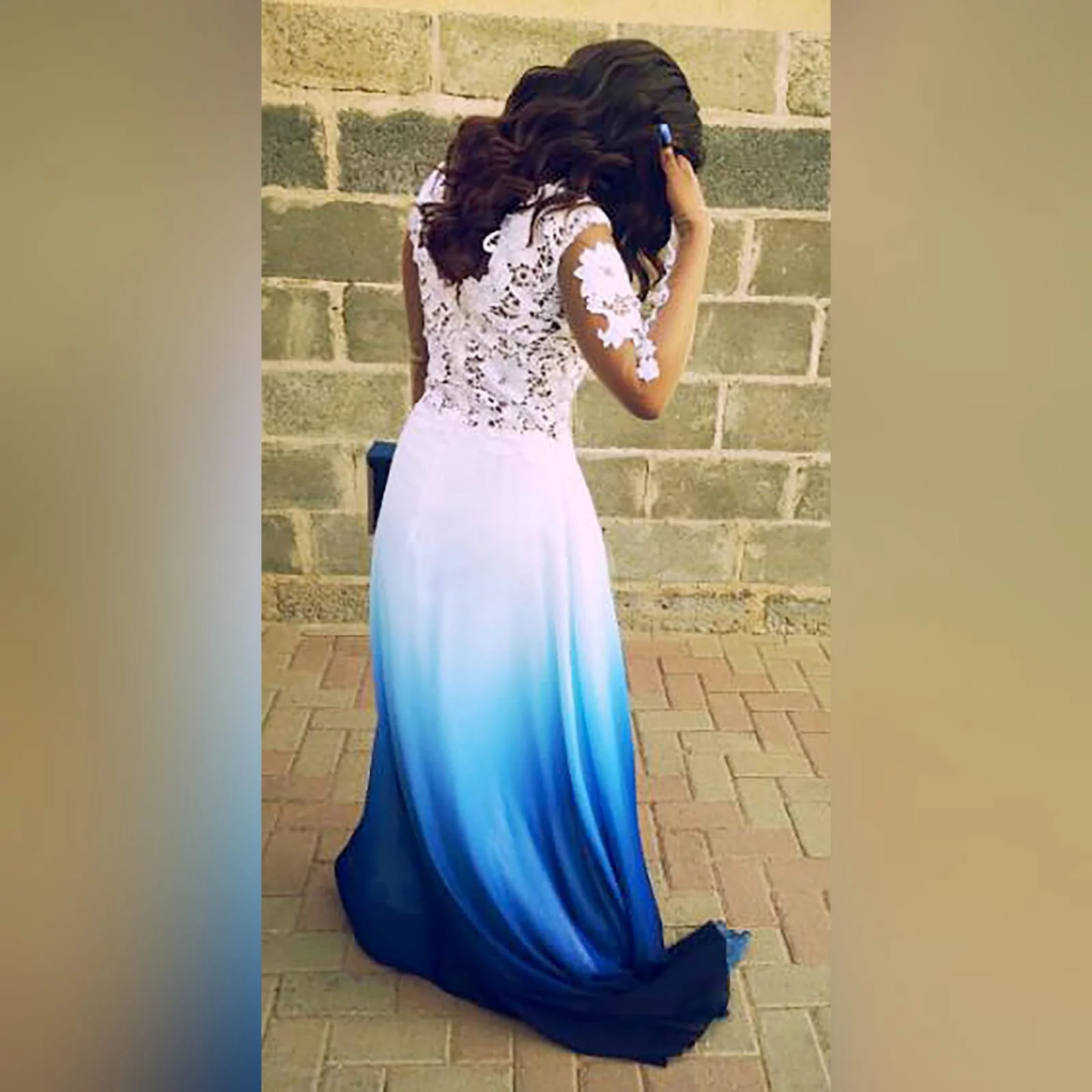 Gorgeous blue and white ombre flowy ceremony dress 2 a gorgeous blue and white ombre flowy ceremony dress created for a prom night. With a classy white bodice with elegant illusion lace sleeves. With a slit and a train