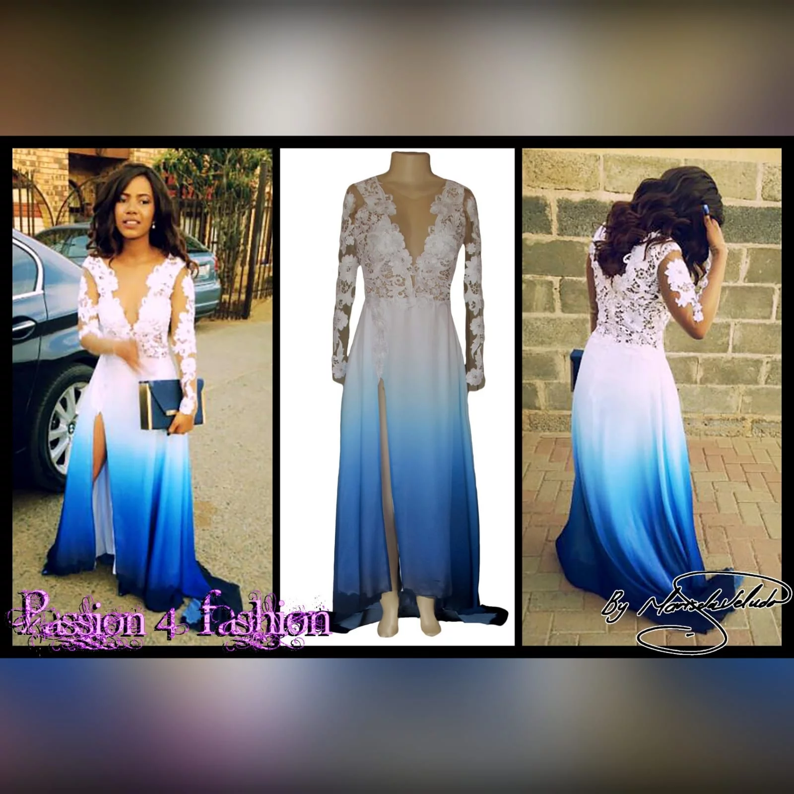 Gorgeous blue and white ombre flowy ceremony dress 3 a gorgeous blue and white ombre flowy ceremony dress created for a matric dance night. With a classy white bodice with elegant illusion lace sleeves. With a slit and a train