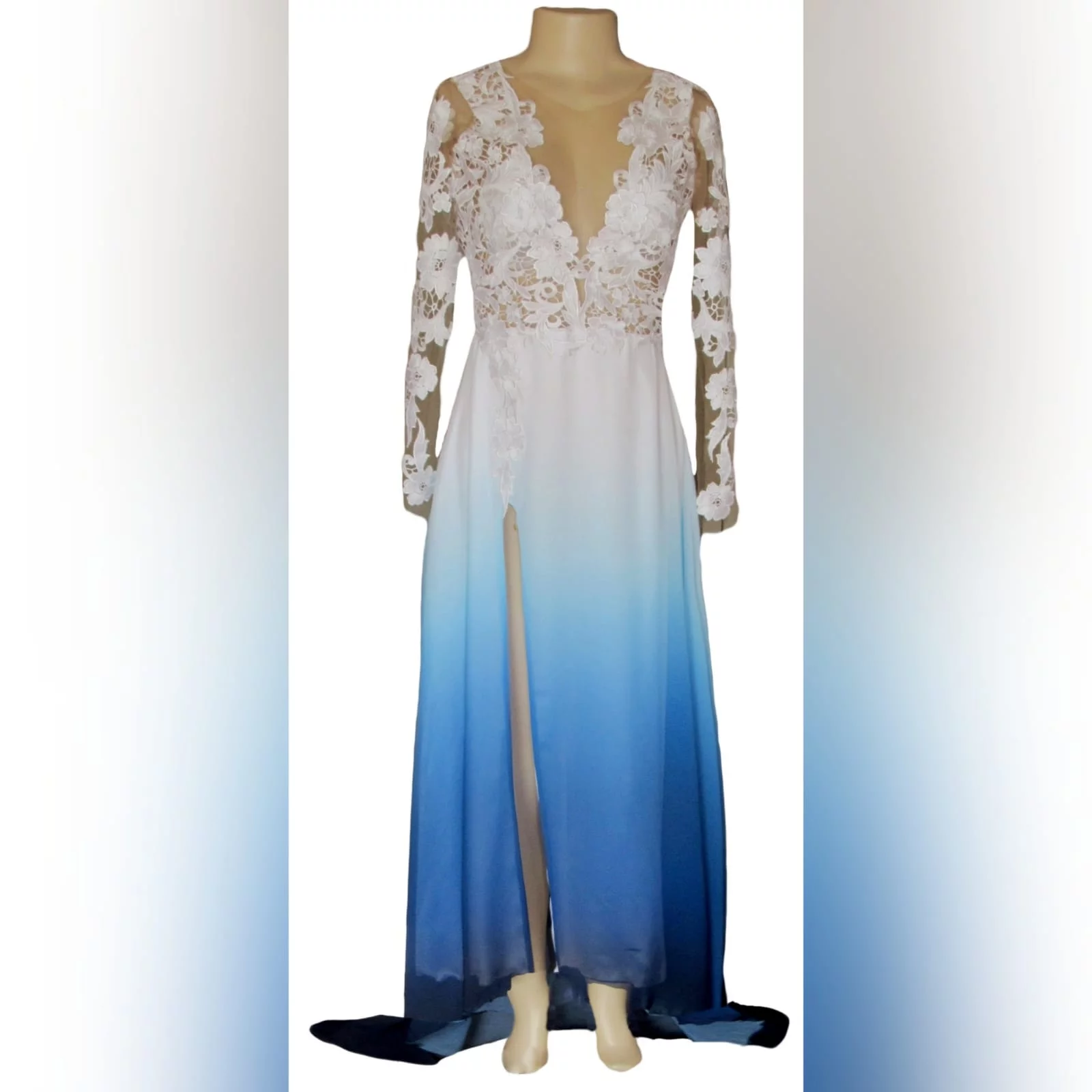 Gorgeous blue and white ombre flowy ceremony dress 4 a gorgeous blue and white ombre flowy ceremony dress created for a prom night. With a classy white bodice with elegant illusion lace sleeves. With a slit and a train
