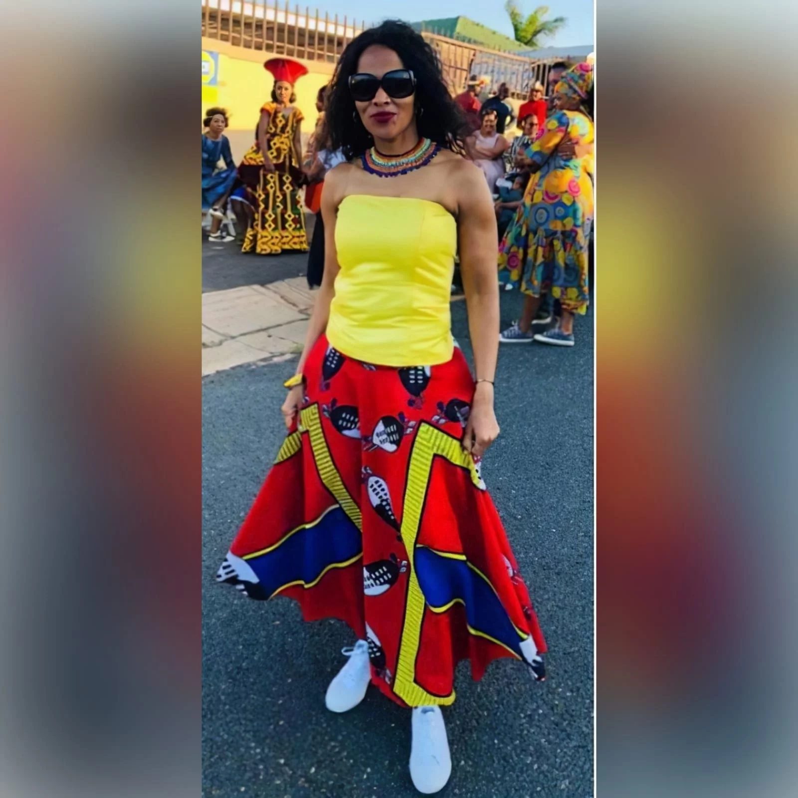 African traditional 2 piece outfit skirt and top 1 african traditional 2 piece outfit skirt and top. Red swati wide skirt with a high waisted effect. Boobtube yellow satin top with a lace-up back