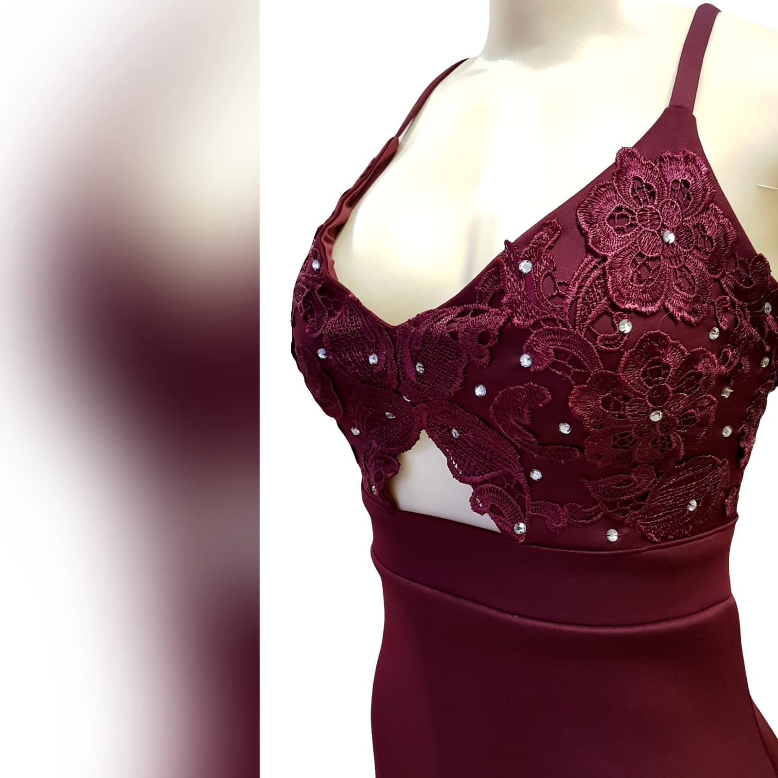 Burgundy soft mermaid plus size prom dress 9 burgundy soft mermaid plus size prom dress. Bodice detailed with lace and silver beads, small triangle opening on the waist with waistband finish. Open laceup back and a train.