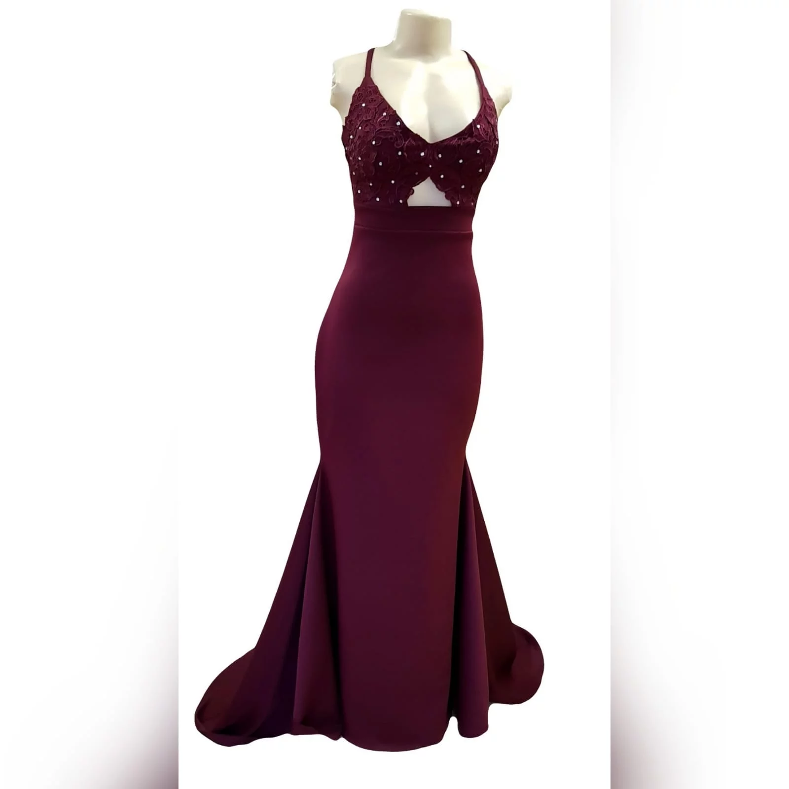 Burgundy soft mermaid plus size prom dress 7 burgundy soft mermaid plus size prom dress. Bodice detailed with lace and silver beads, small triangle opening on the waist with waistband finish. Open laceup back and a train.