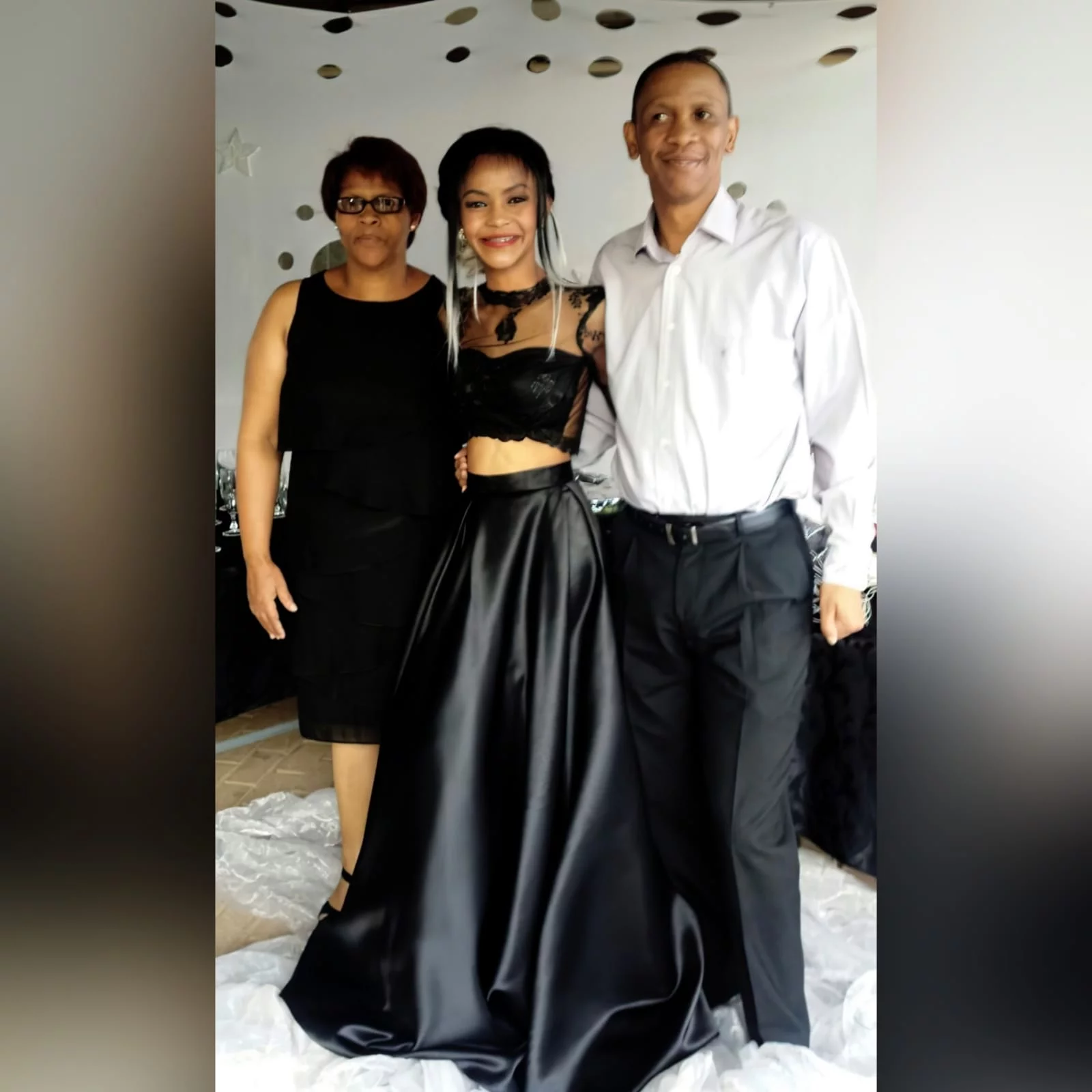 2 piece black prom dress with lace top 3 my client looked stunning in the 2 piece black prom dress i created for her. A lace top with sheer neckline and long sleeves, with a diamond shape opening. With a wide, flowy duchess's satin skirt