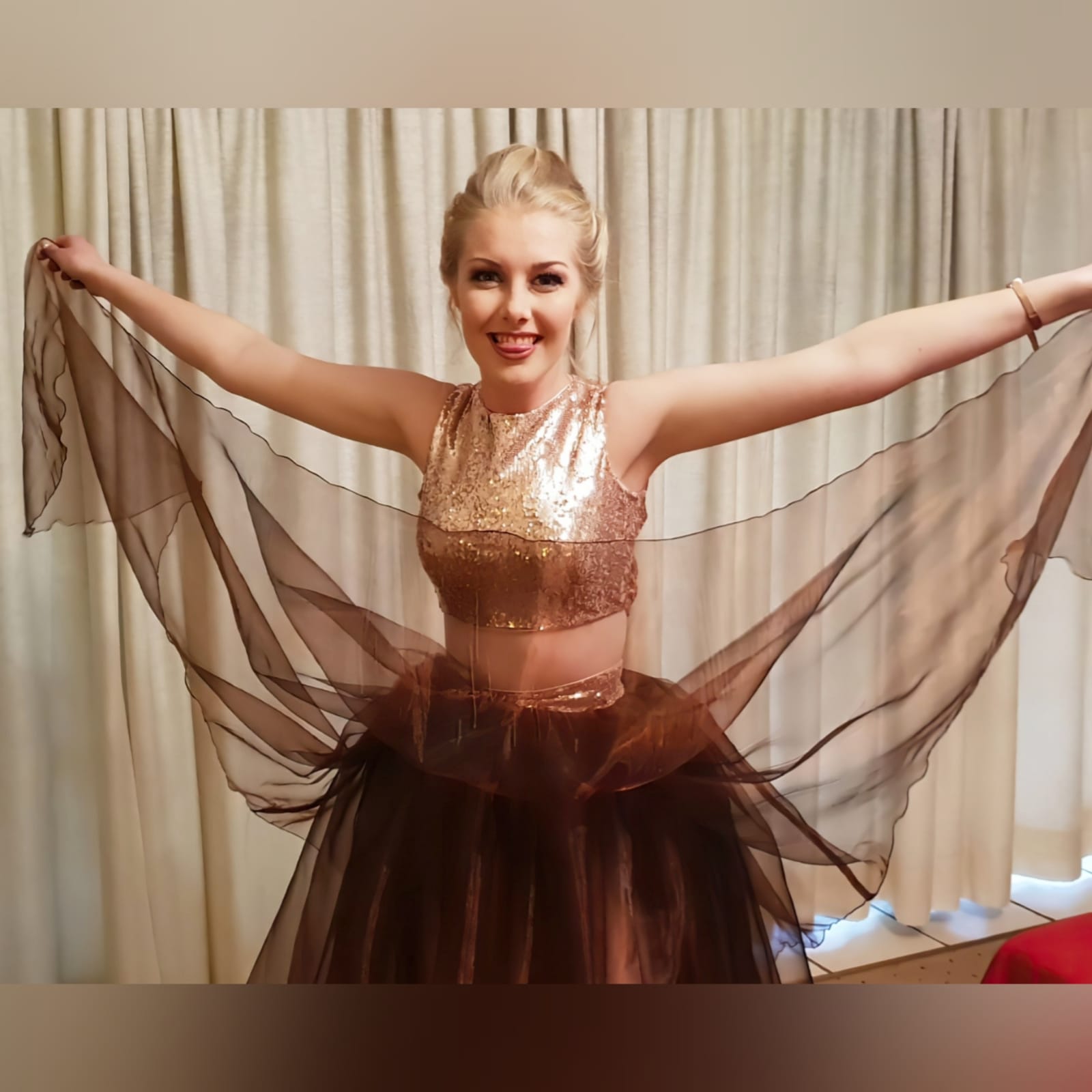 2 piece brown and rose gold prom dress 3 this awesome versatile evening dress was created for a prom dance. 2 piece brown and rose gold prom dress. With a layered organza full skirt and sequins waistband. Crop top in rosegold sequins which can be reused in several other occasions.