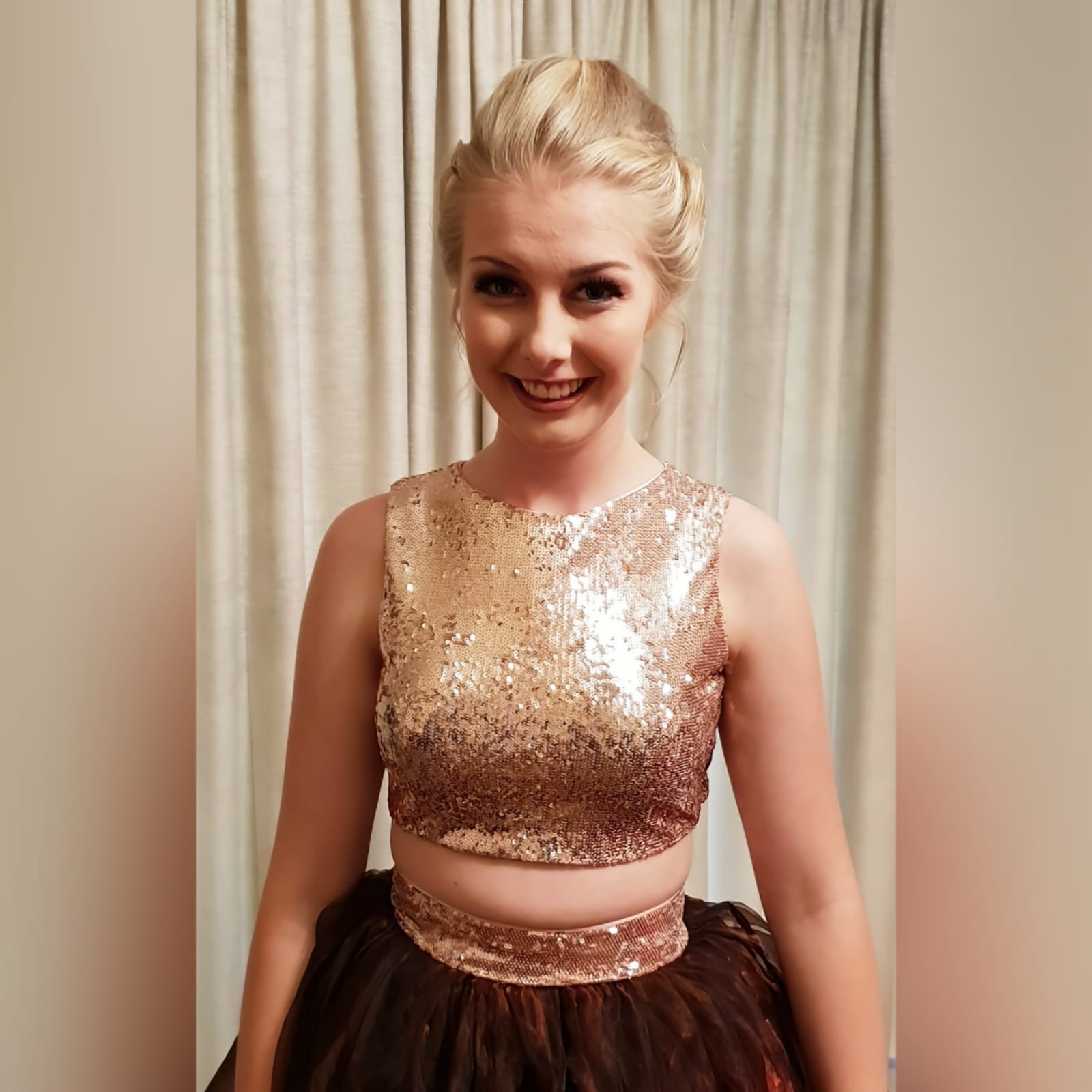 2 piece brown and rose gold prom dress 5 this awesome versatile evening dress was created for a prom dance. 2 piece brown and rose gold prom dress. With a layered organza full skirt and sequins waistband. Crop top in rosegold sequins which can be reused in several other occasions.
