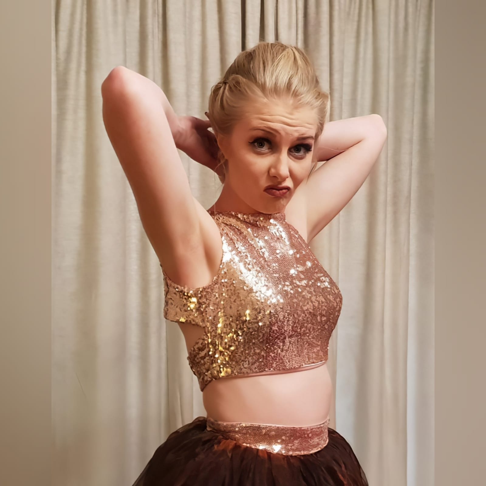2 piece brown and rose gold prom dress 7 this awesome versatile evening dress was created for a prom dance. 2 piece brown and rose gold prom dress. With a layered organza full skirt and sequins waistband. Crop top in rosegold sequins which can be reused in several other occasions.